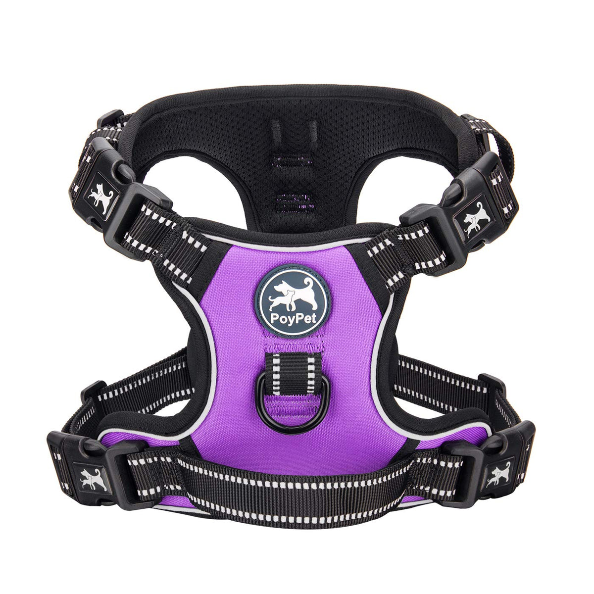 Poypet 2019 Upgraded No Pull Dog Harness With 4 Snap Buckles, Reflective With Front & Back 2 Leash Hooks And An Easy Control Handle [No Need Go Over Dog’S Head] (Purple,M)