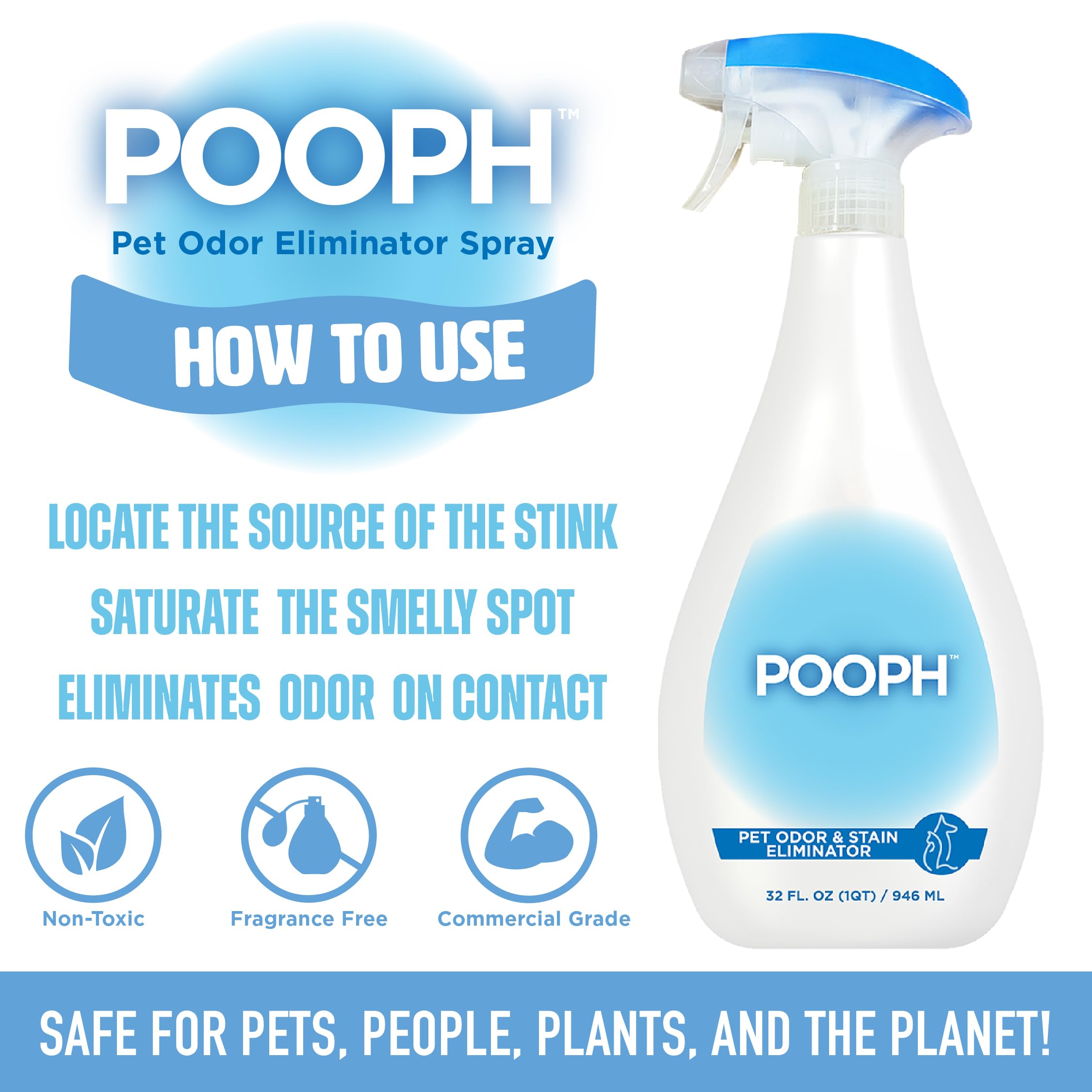 Pooph Pet Odor Eliminator & Pooph Laundry Additive - 2-32Oz Bottles - Dismantles Odors On A Molecular Basis, Dogs, Cats, Freshener, Eliminator, Urine, Poop, Pee, Deodorizer, Puppy, Fresh, Clean