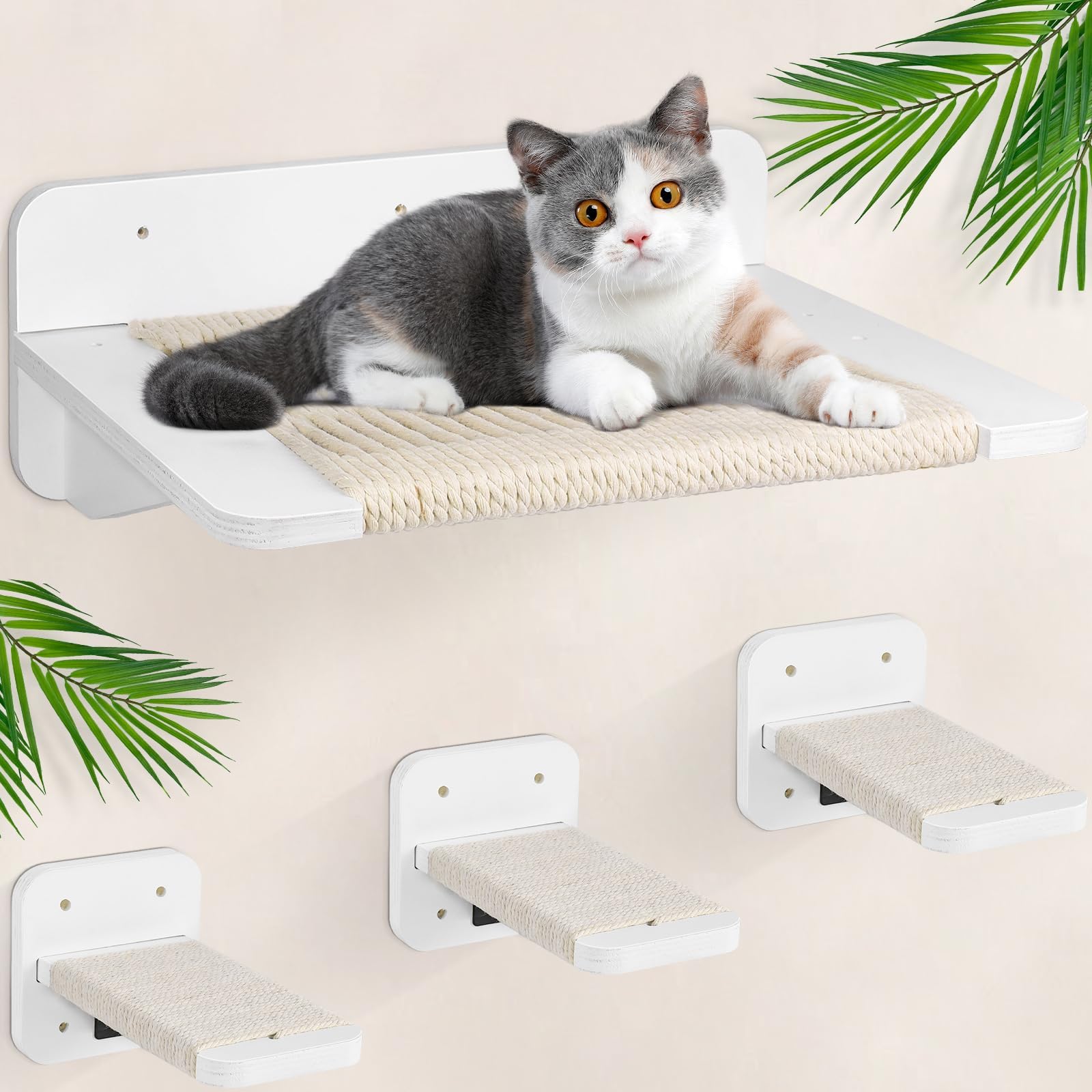 Kitty City Wall-Mounted Cat Hammock & Steps - 3-Level Cat Shelves With Scratching Post & Hemp Rope, Perfect For Indoor Cats