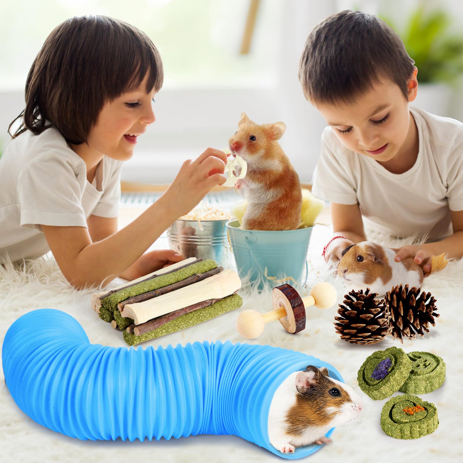 Kyouki Hamster Toys Guinea Pig Toys Set With Tunnel, Chewable Apple Wood & Natural Timothy Hay - Enrichment Chew Toys For Small