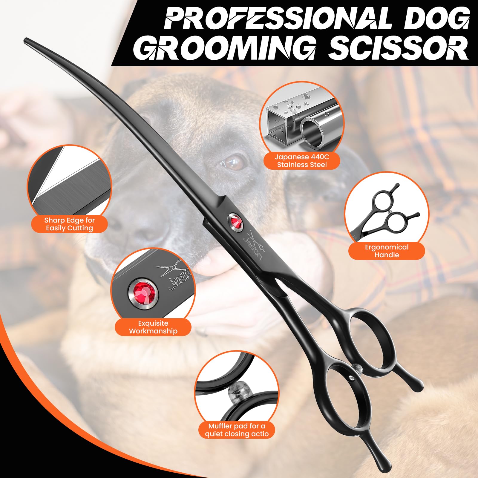 JASON 7.5'' Dog Grooming Scissor - Professional Down-curved Shear with Ergonomic Handle Japanese Stainless Steel Hair Scissor fo