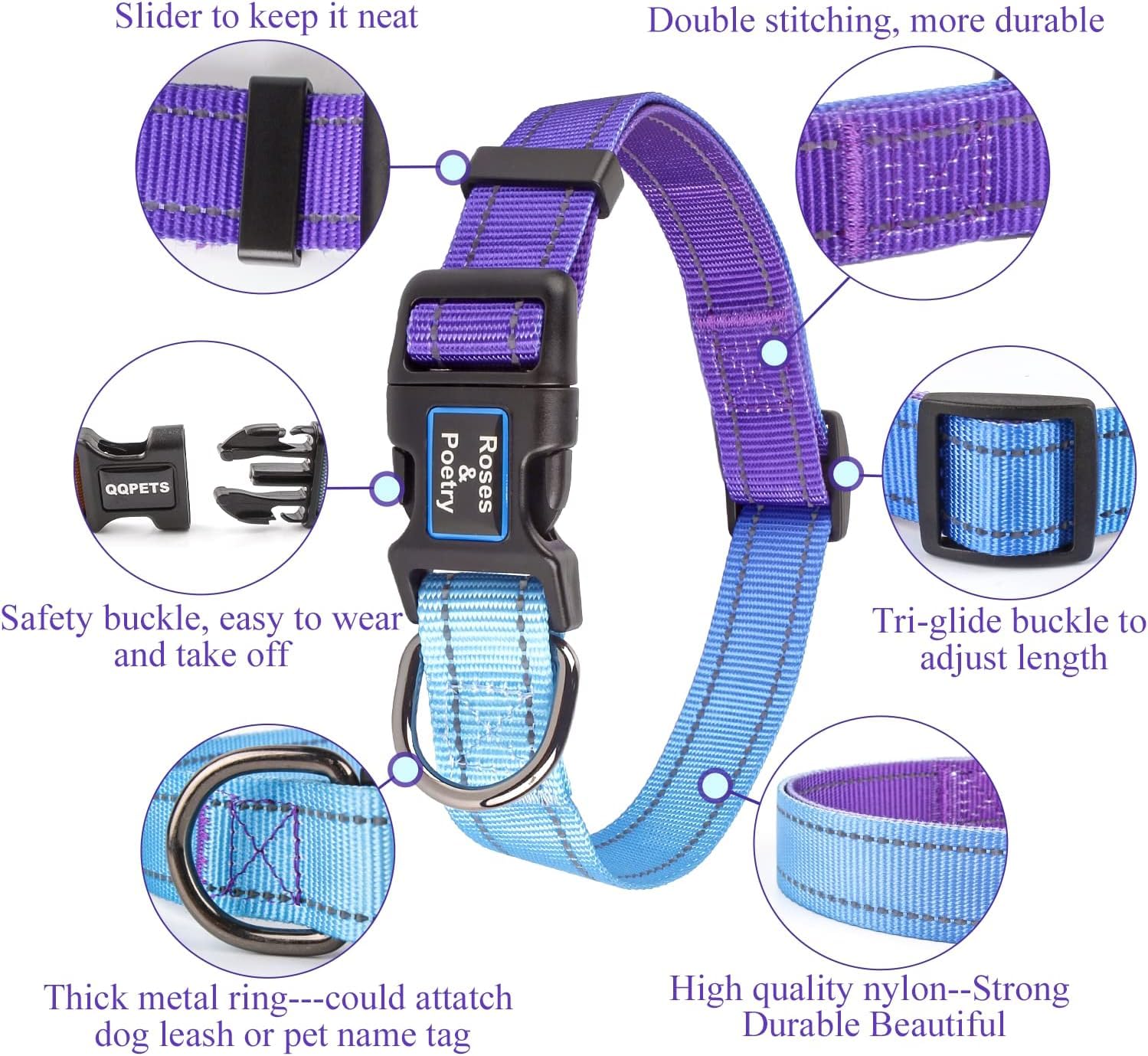 Roses&Poetry Reflective Dog Collar With Gradient Violet, Adjustable Durable Pet Collars For Small Medium Large Dogs (Violet-L)