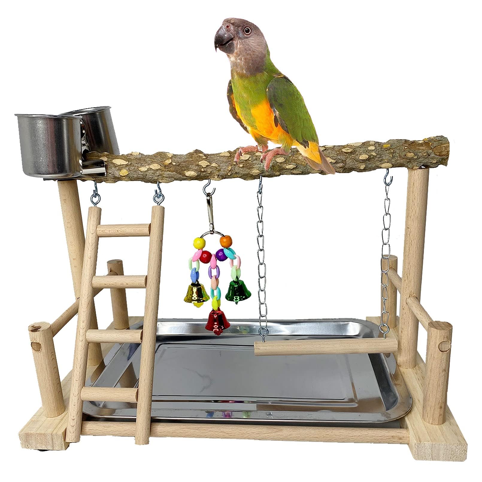 Kathson Parrots Playground Bird Perch Wood Playstand Stand With Ladder Swing Feeder Cups Chew Toy For Parakeet Conure Cockatiel Budgie Lovebird Finch Small Birds