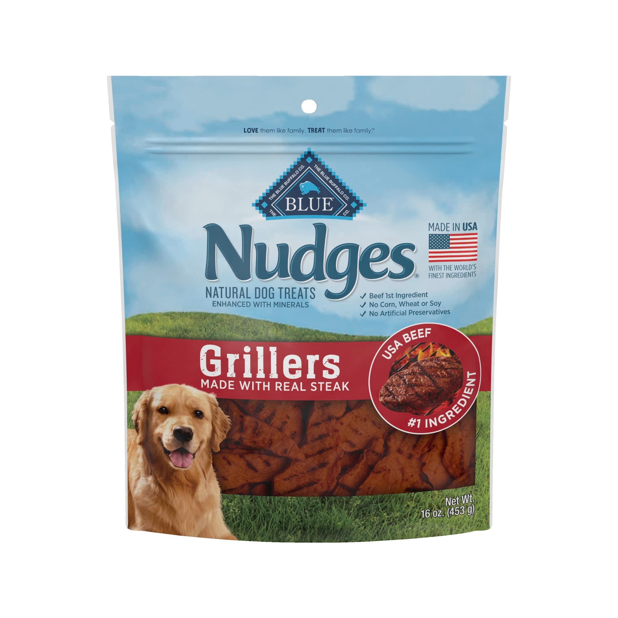 Blue Buffalo Nudges Grillers Natural Dog Treats, Made in the USA with Real Steak, 16-oz. Bag