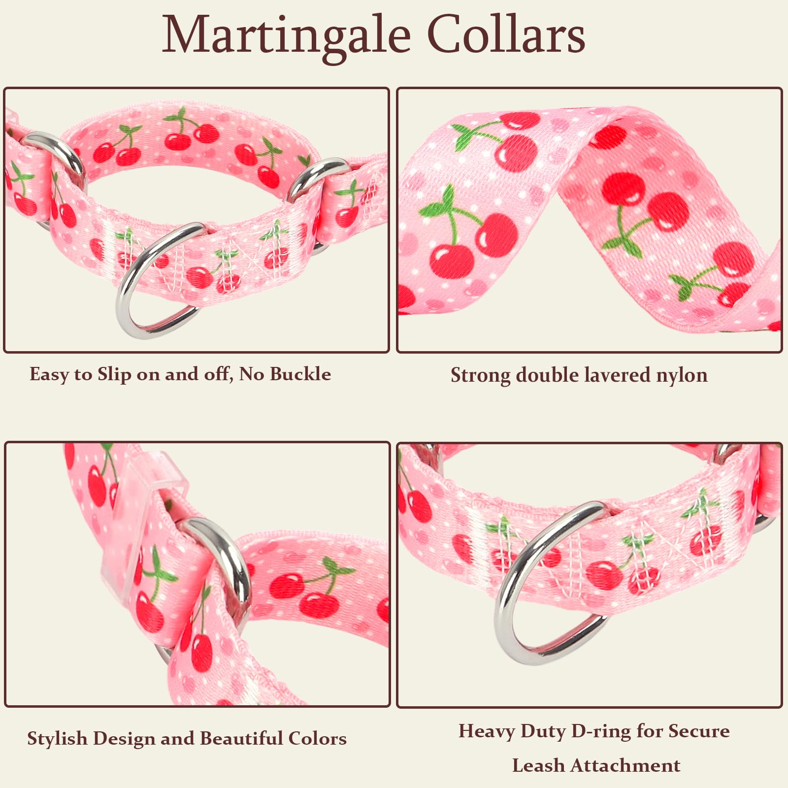 Onefojojo Martingale Collar For Dogs,Cute Pink Cherry Adjustable Martingale Collar For Small Medium Large Dogs Girl Dogs Boy Dog