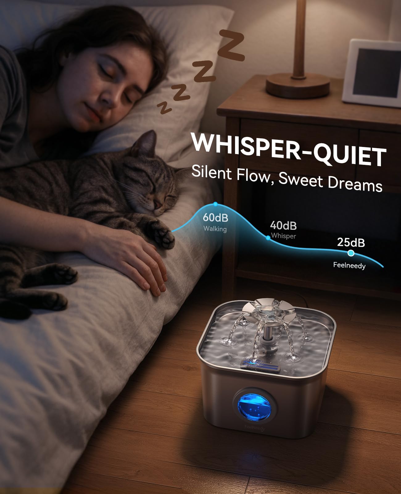 Stainless Steel Cat Water Fountain, 2.8L with 20dB Ultra-Quiet Pump- Ideal for Timid Pets, LED Water Level Window, Dishwasher Sa