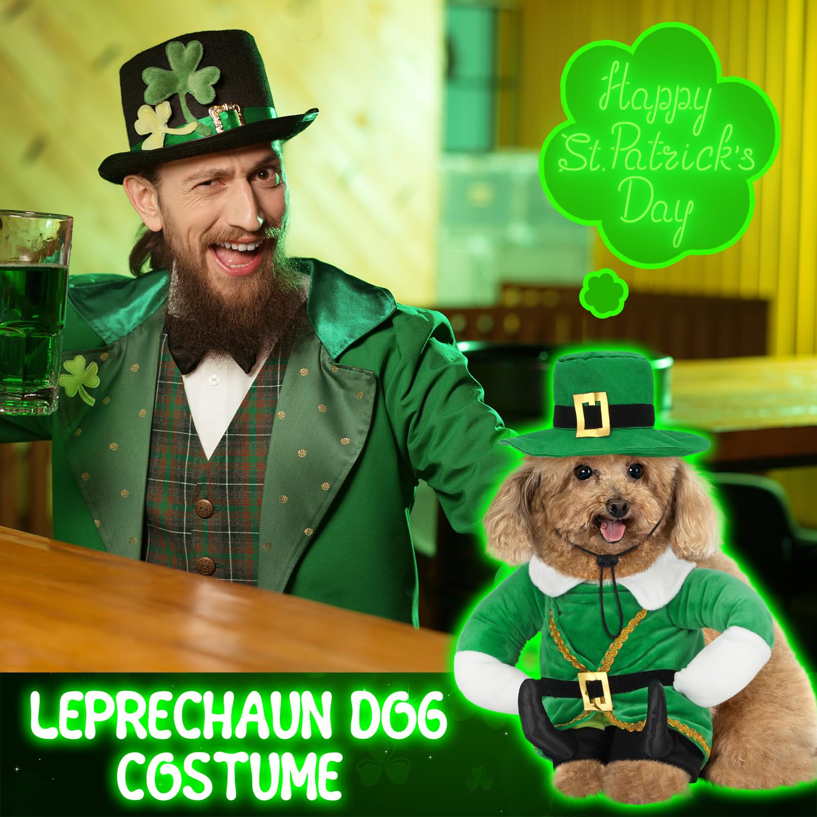 Hollowfly St. Patrick'S Day Dog Costume Walking Leprechaun Dog Costume Irish Funny Pet Outfit With Arms Irish Holiday Day Outfit