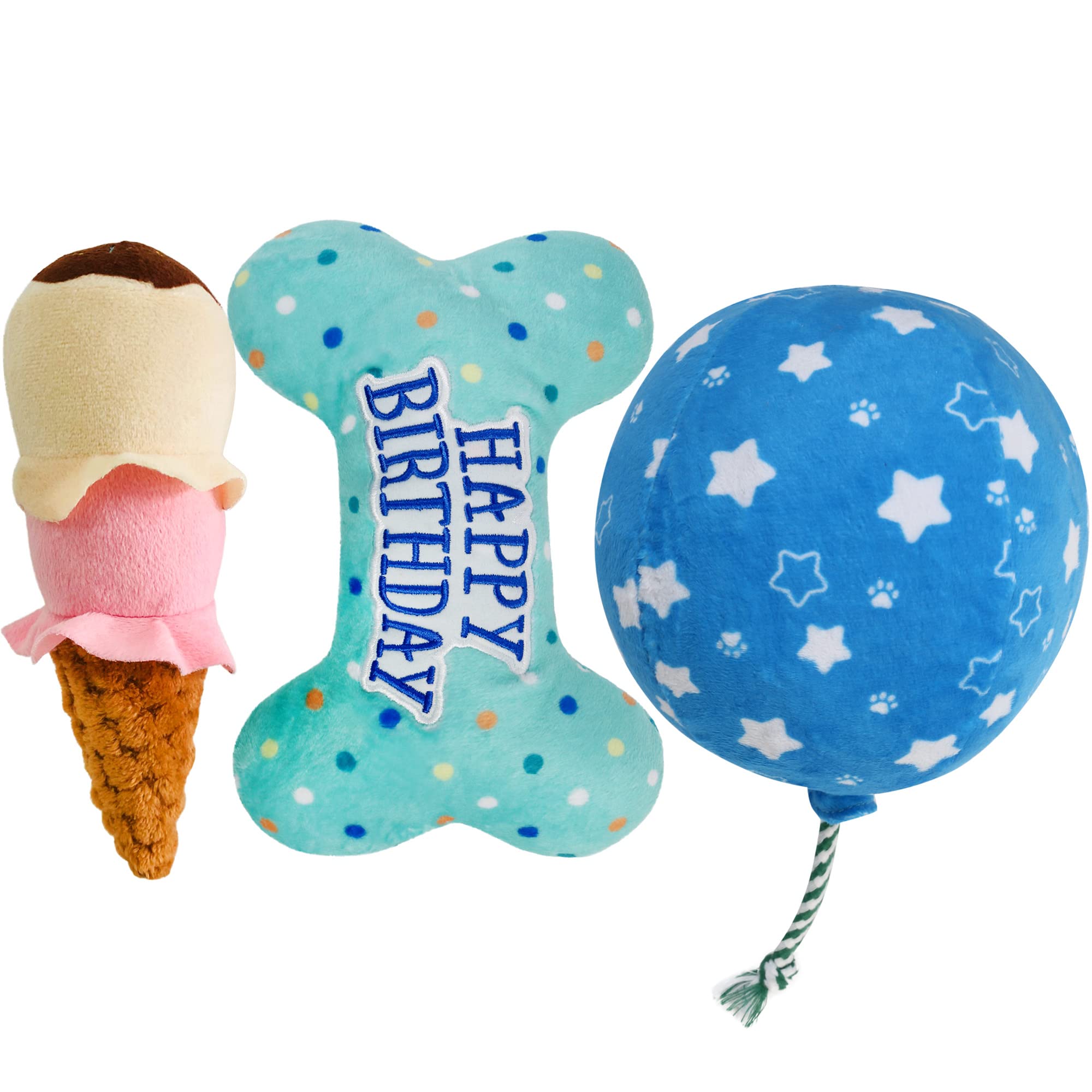 Prime Pets Dog Birthday Toys, 3 Pack, Crinkle Squeaky Dog Toys Set, Pet Toys For Small Medium Large Dogs, Stuffed Puppy Chew Toy