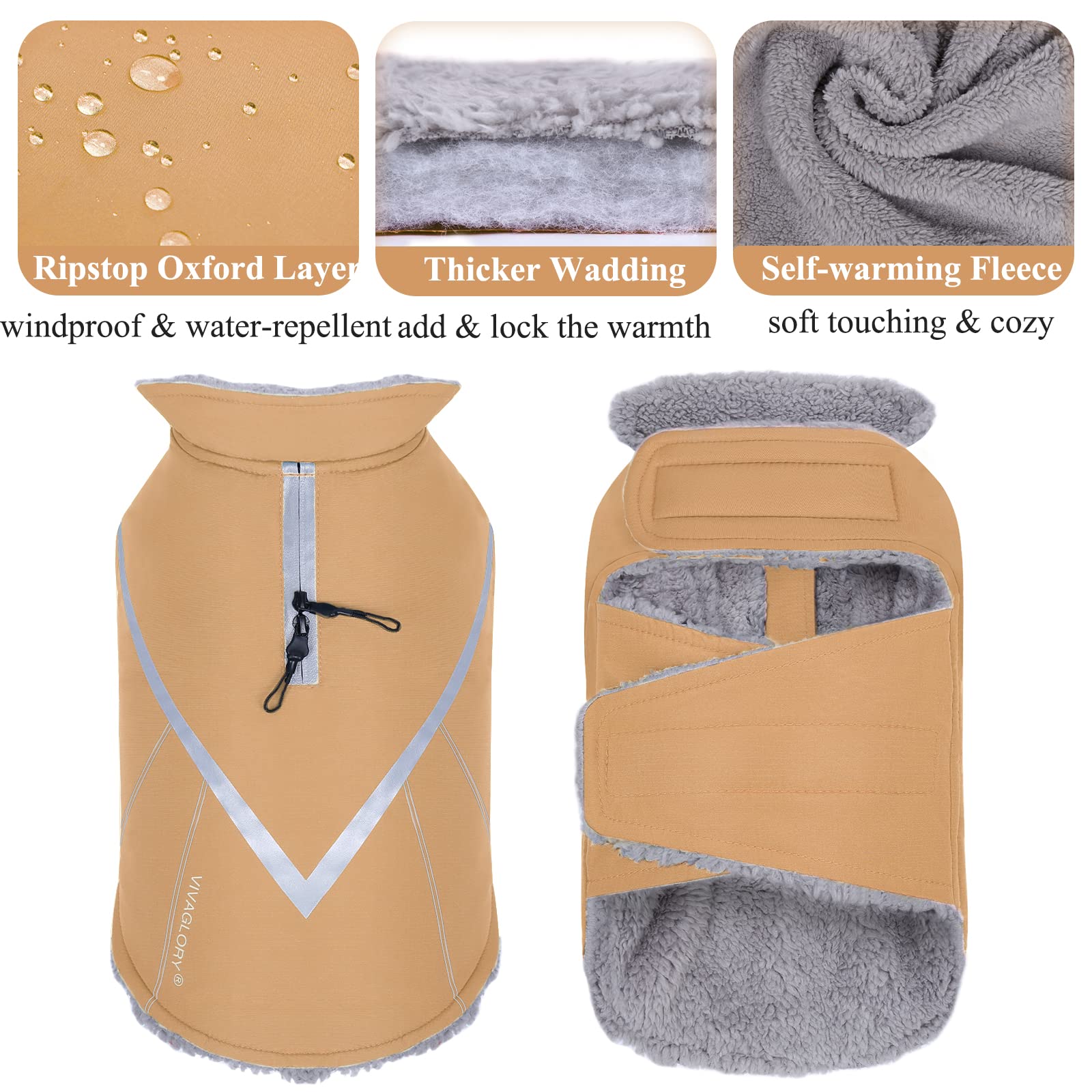 Vivaglory Warm Dog Fleece Vest Jacket With Two-Way Zipper Opening, Pet Jacket With Fleece Lining For Small Pets, Khaki Xxs
