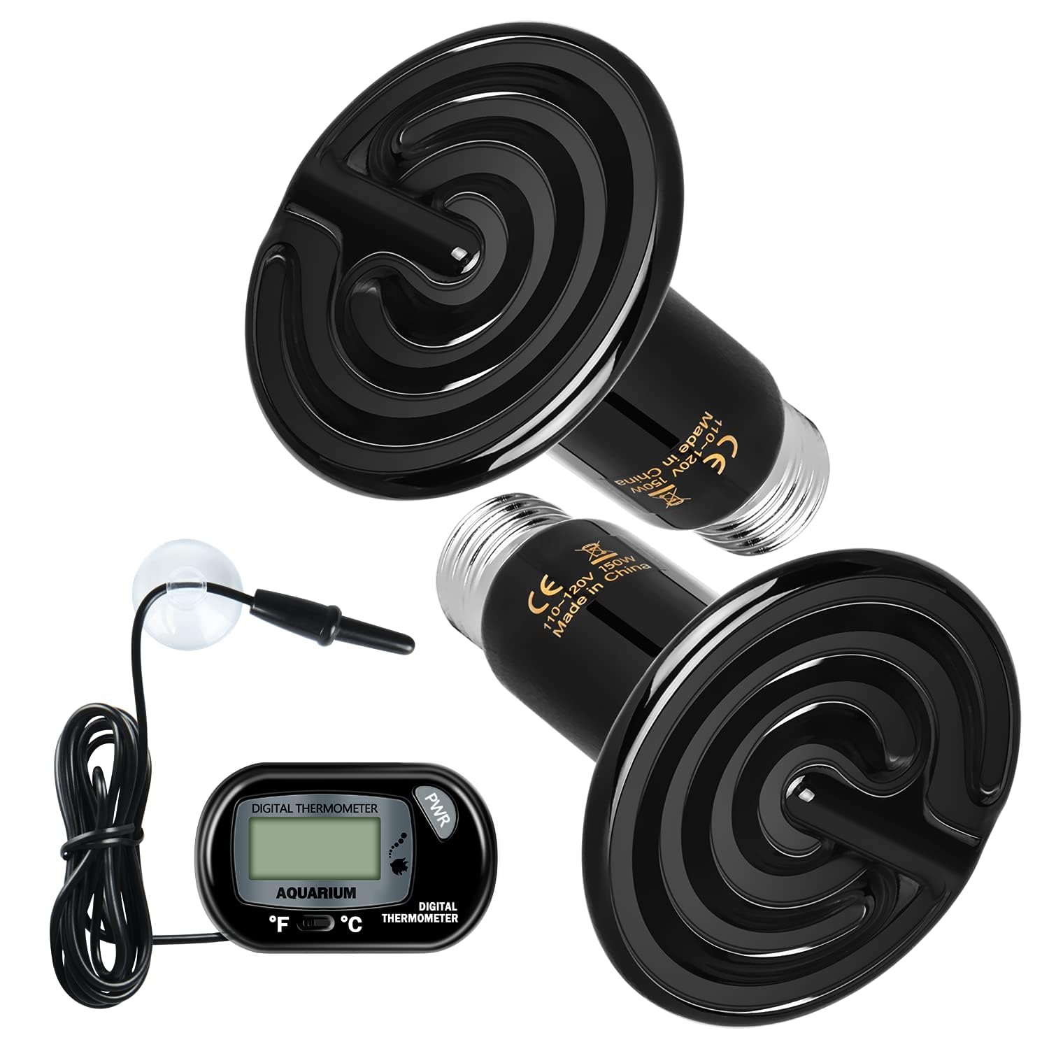 Simple Deluxe 150W Ceramic Heat Emitter Reptile Heat Lamp with Digital-Thermometer, for Pet Brooder Coop Chicken, Dragon Turtle 