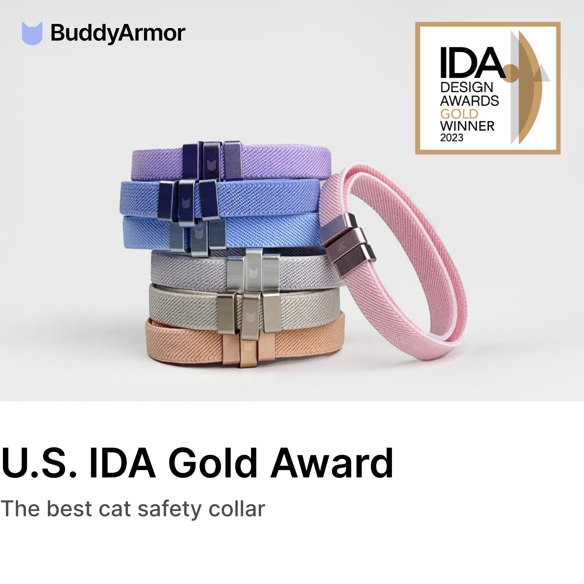Buddyarmor Safety Cat Collar - U.S. Ida Gold Awarding Design, Stretch Non Breakaway Elastic Quick Release, Light Weight Adjustab