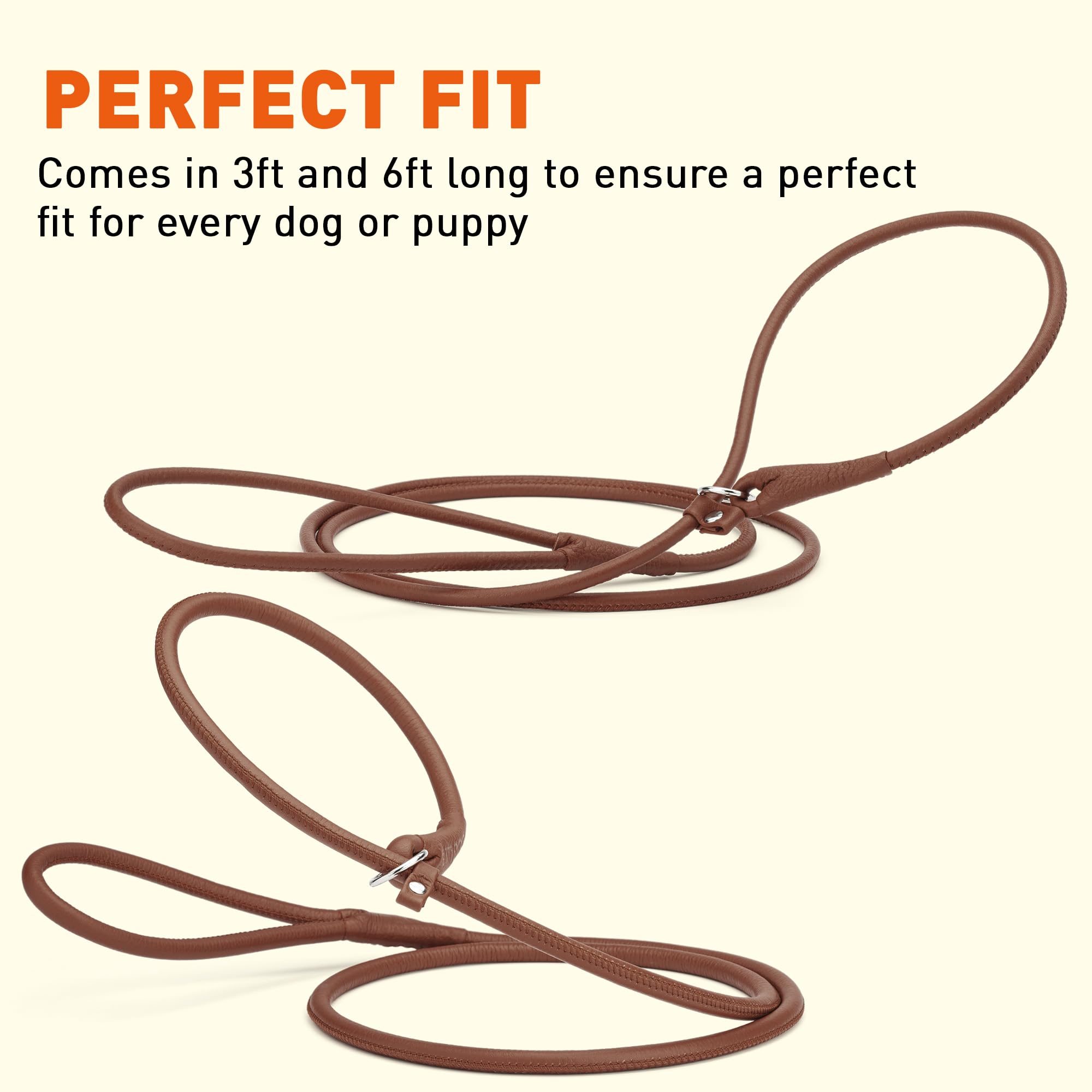 Dogline Rolled Leather Dog Slip Lead - For Small, Medium And Large Breeds - Soft And Padded Lead Luxury Design - Brown - 1/4In W X 6Ft L
