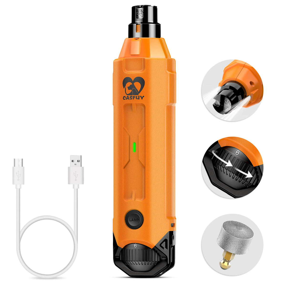 Casfuy 6-Speed Dog Nail Grinder - Newest Enhanced Pet Nail Grinder Super Quiet Rechargeable Electric Dog Nail Trimmer Painless Paws Grooming & Smoothing Tool For Large Medium Small Dogs (Orange)