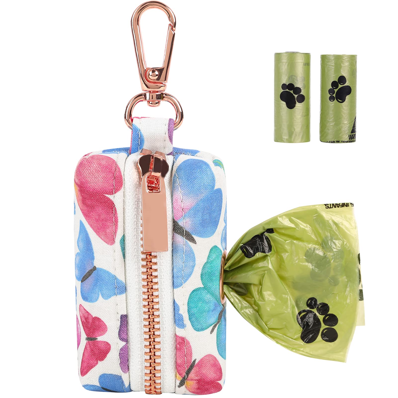 Aring Pet Dog Waste Bag Dispenser, Cotton Doggy Poop Bags Holders Attach To Any Leashes, Portable Washable Butterfly Pattern Pet Waste Pouch Dispenser With Metal Zipper