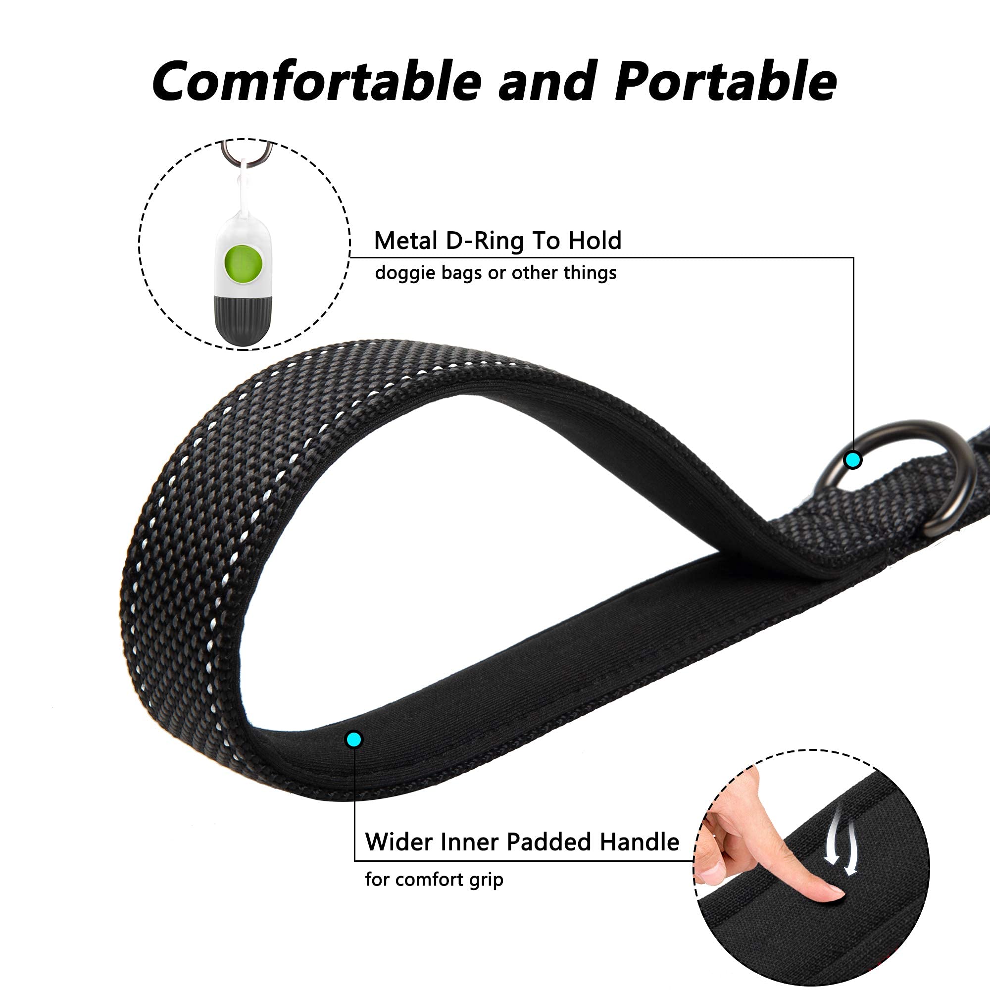 Petifine 5Ft Heavy Duty Dog Leash With Soft Padded Double Handle, Durable Strong Clasp Dog Leashes, Reflective Nylon Walking Lead For Large,Medium,Small Breed Dogs, Black
