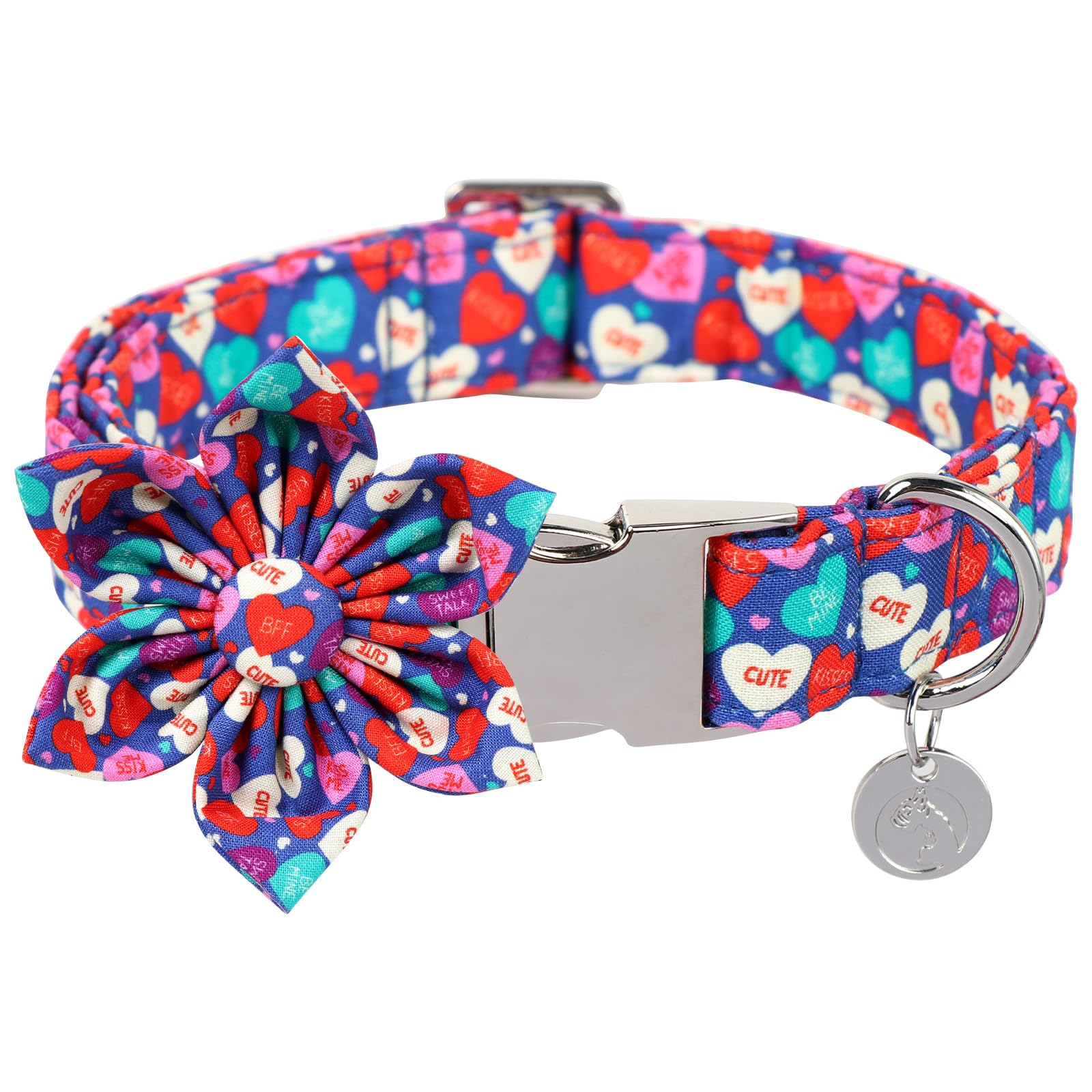 Dogwong Valentine'S Day Dog Collar With Flower, Blue Heart Bowtie, Adjustable Pink Heart Collar For Small Medium Dogs
