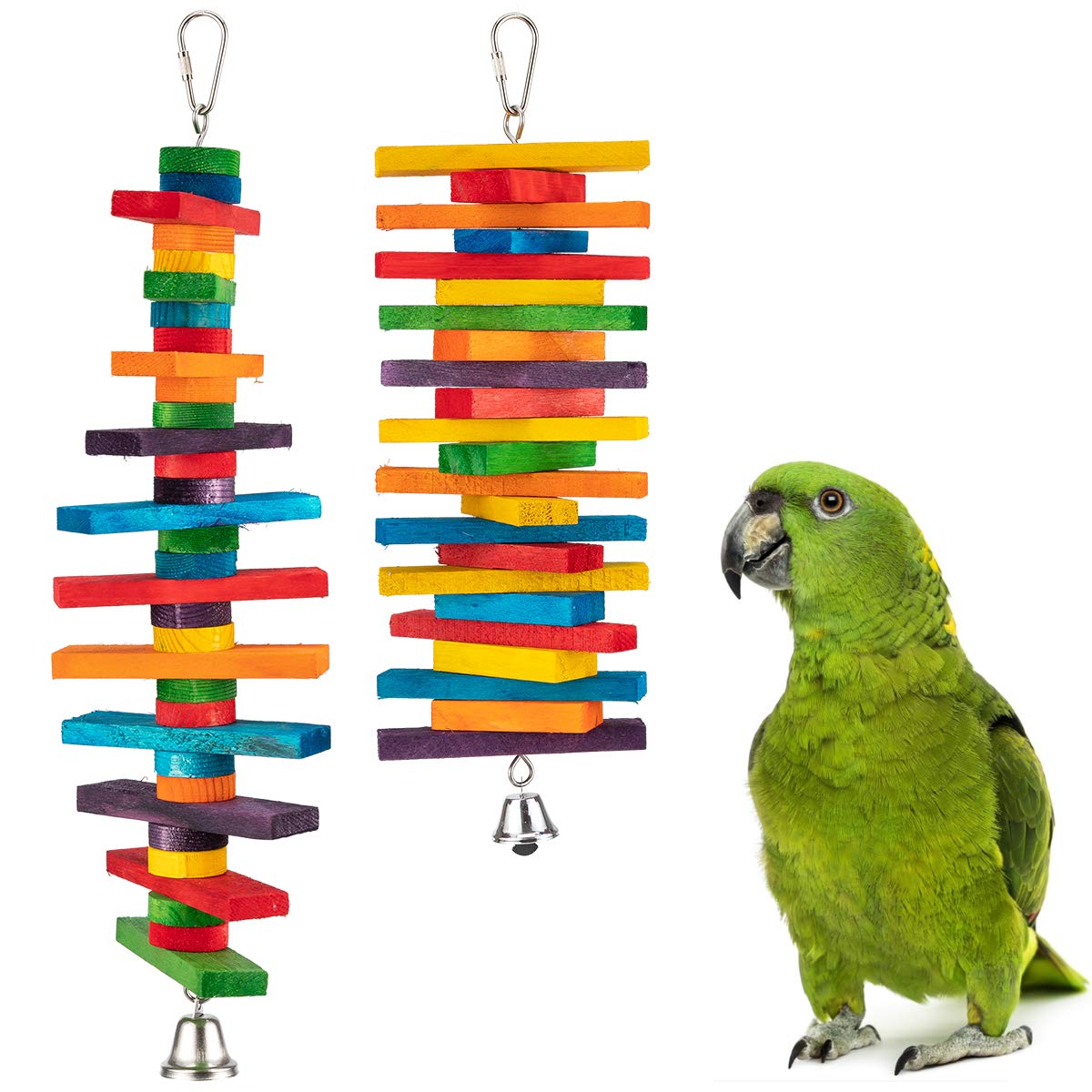 Mewtogo 2Pcs Bird Toys - Parrot Toys With Multicolored Natural Wooden Blocks, Bird Chewing Sticks Toys For Conures Parakeets Coc