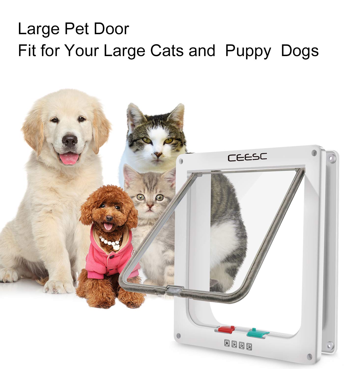 Ceesc Extra Large Cat Door (Outer Size 11' X 9.8'), 4 Way Locking Large Cat Door For Interior Exterior Doors, Weatherproof Pet Door For Cats & Doggie With Circumference < 24.8' (White)