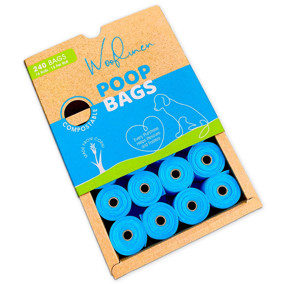 Wooflinen Dog Poop Bags  Certified Compostable Dog Waste Bags, 240 Bags, Made From Corn  Earth Friendly En 13432 Rated  Easy Ope
