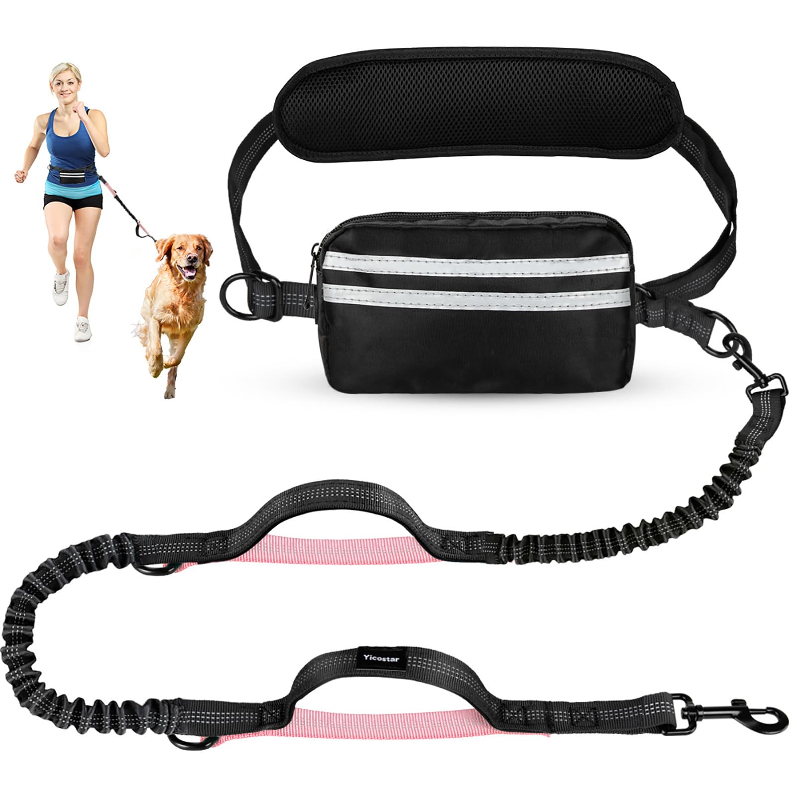 Yicostar Hands Free Dog Leash, Waist Leash For Dog Walking, Hiking And Running,Adjustable Belt With Double Handle, Dog Leash For