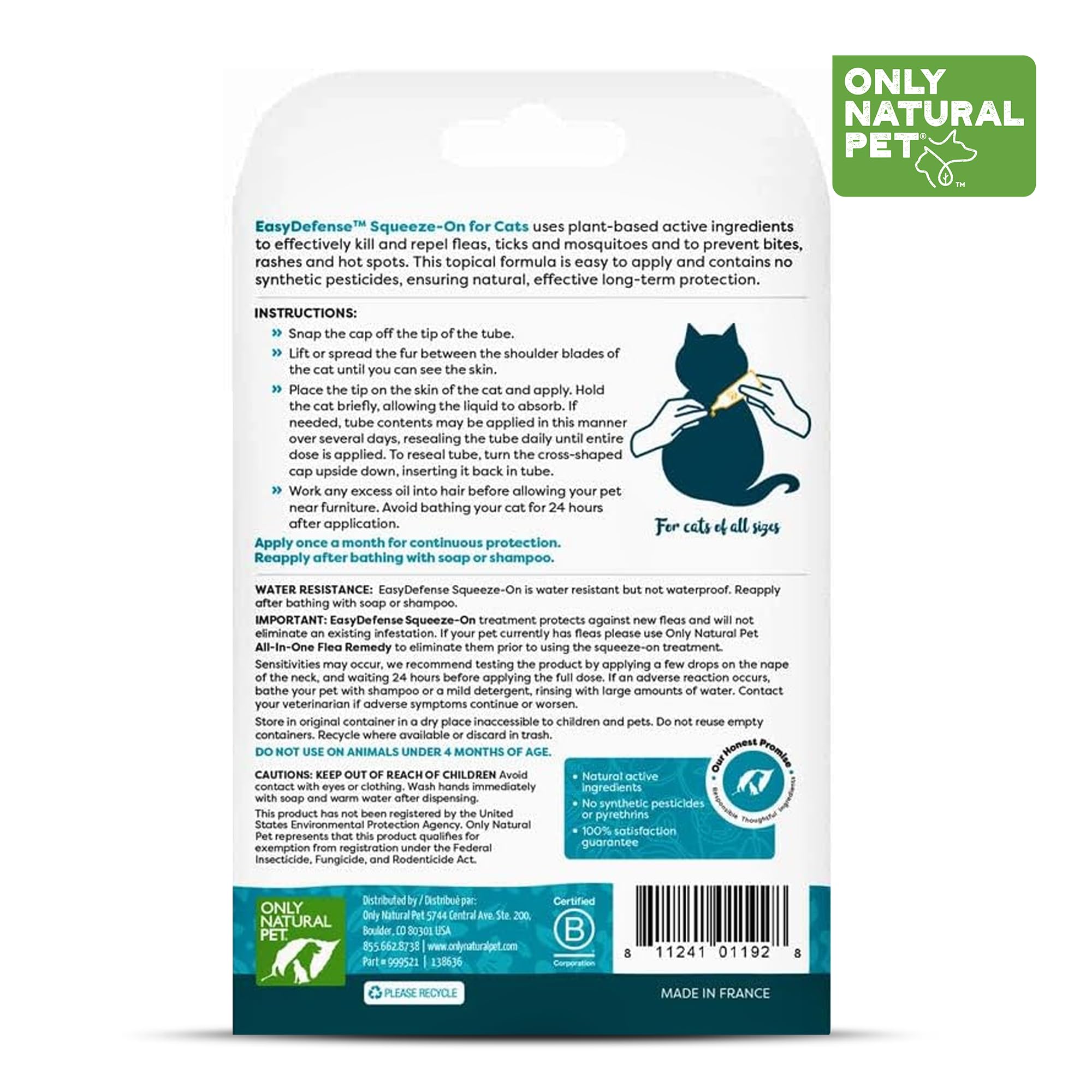 Only Natural Pet Flea and Tick Prevention for Cats - EasyDefense Squeeze-On Drops, 3-Month Supply, Model mp-999521