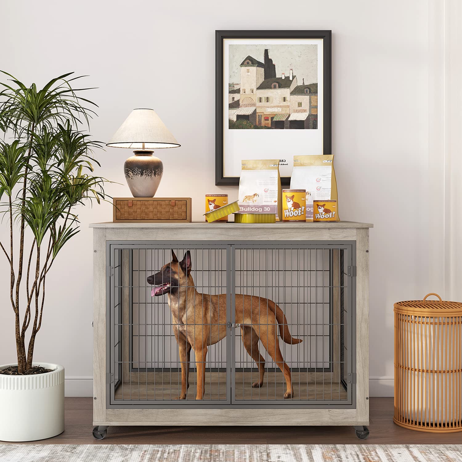 IchbinGo Dog Crate Furniture, Wooden Dog Crate Table, 43.7 Dog Kennel with 3 Doors, Flip-up Top Opening and Wheels, Decorative P