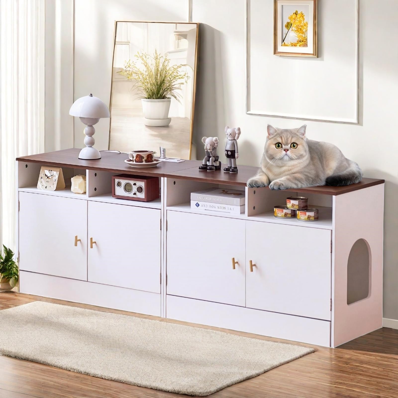 Janflyhome Double Cat Litter Box Enclosure For 2 Cats, 63' Wooden Hidden Cat Litter Box Furniture With Power Outlet, Sliding Bo