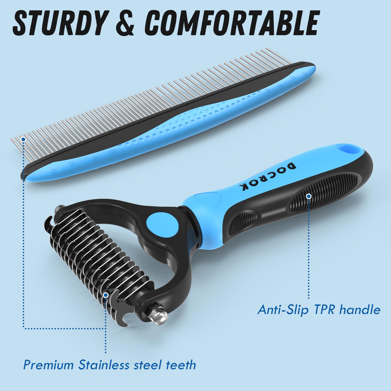 Docrok Pet Grooming Combo - Blue Deshedding Brush With Metal Comb For Detangling And Dematting Long, Matted Fur On Cats And Dogs