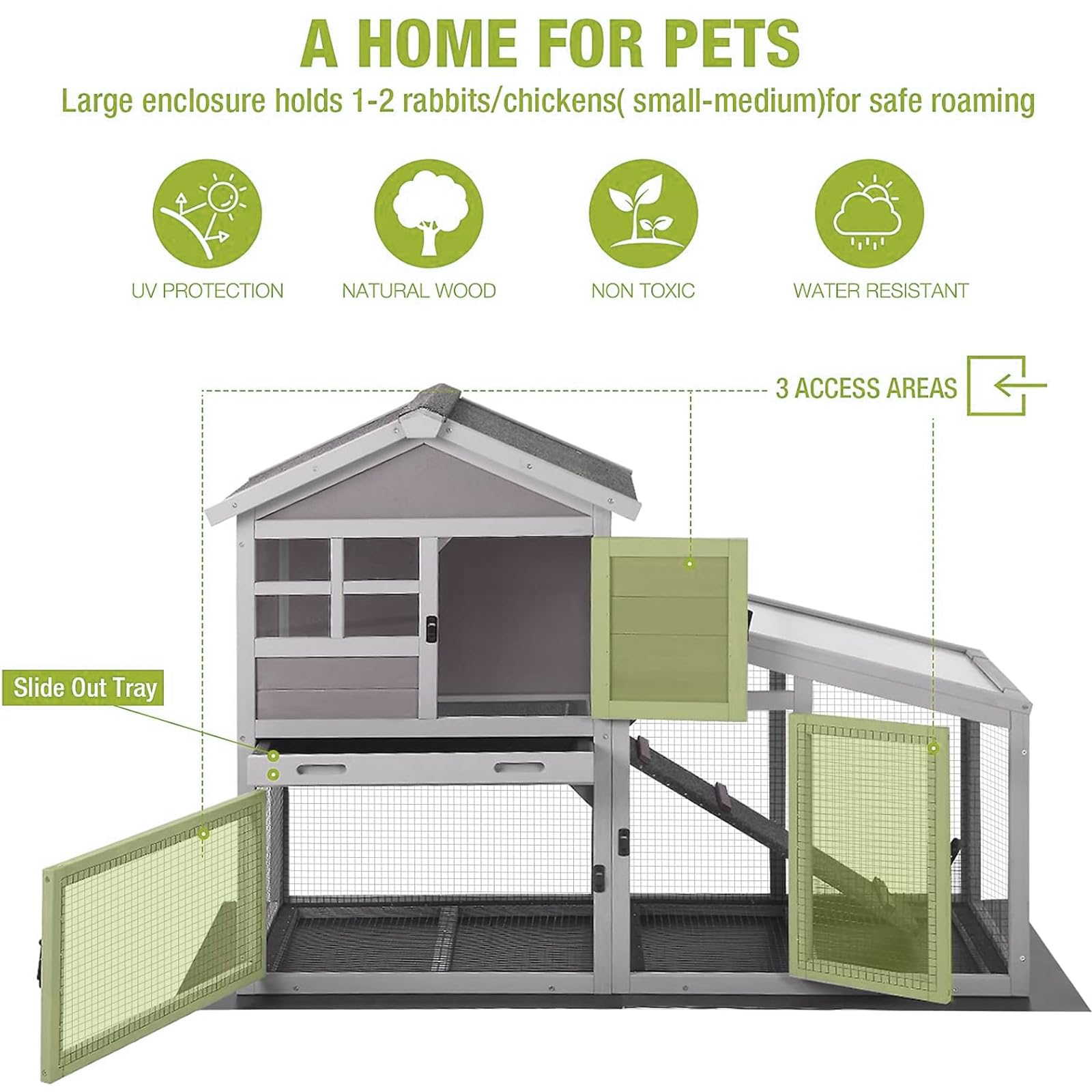 GUTINNEEN Chicken Coop with Run Outdoor Rabbit Hutch Indoor with Metal Floor Grid and PVC Leak-Proof Bottom, Wooden Small Bunny