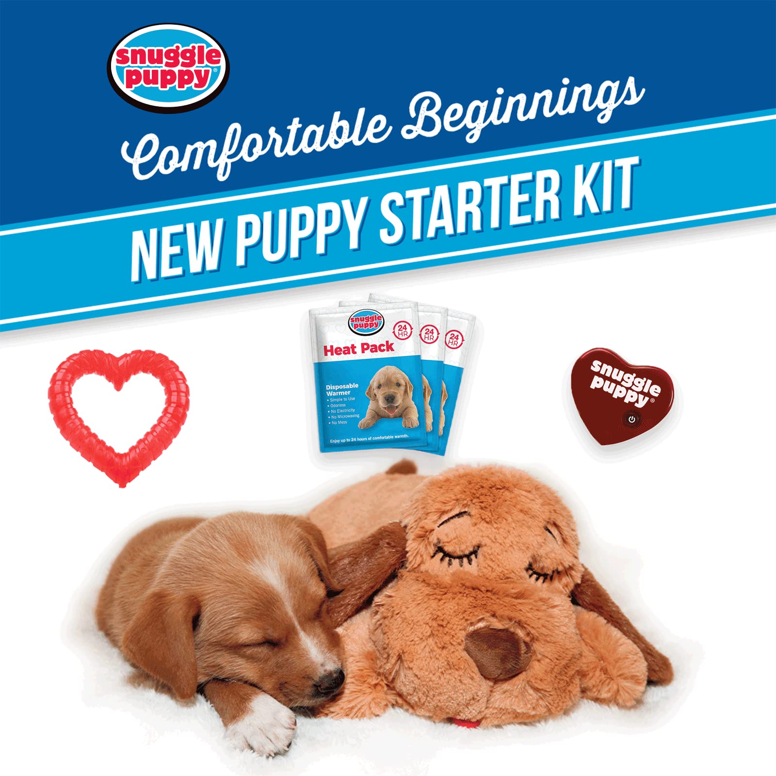 Original Snuggle Puppy Essentials Starter Kit. Heartbeat Dog Toy and Calming Aid with 3 Heat Packs, Puppy Teething Toy, Dog Chew