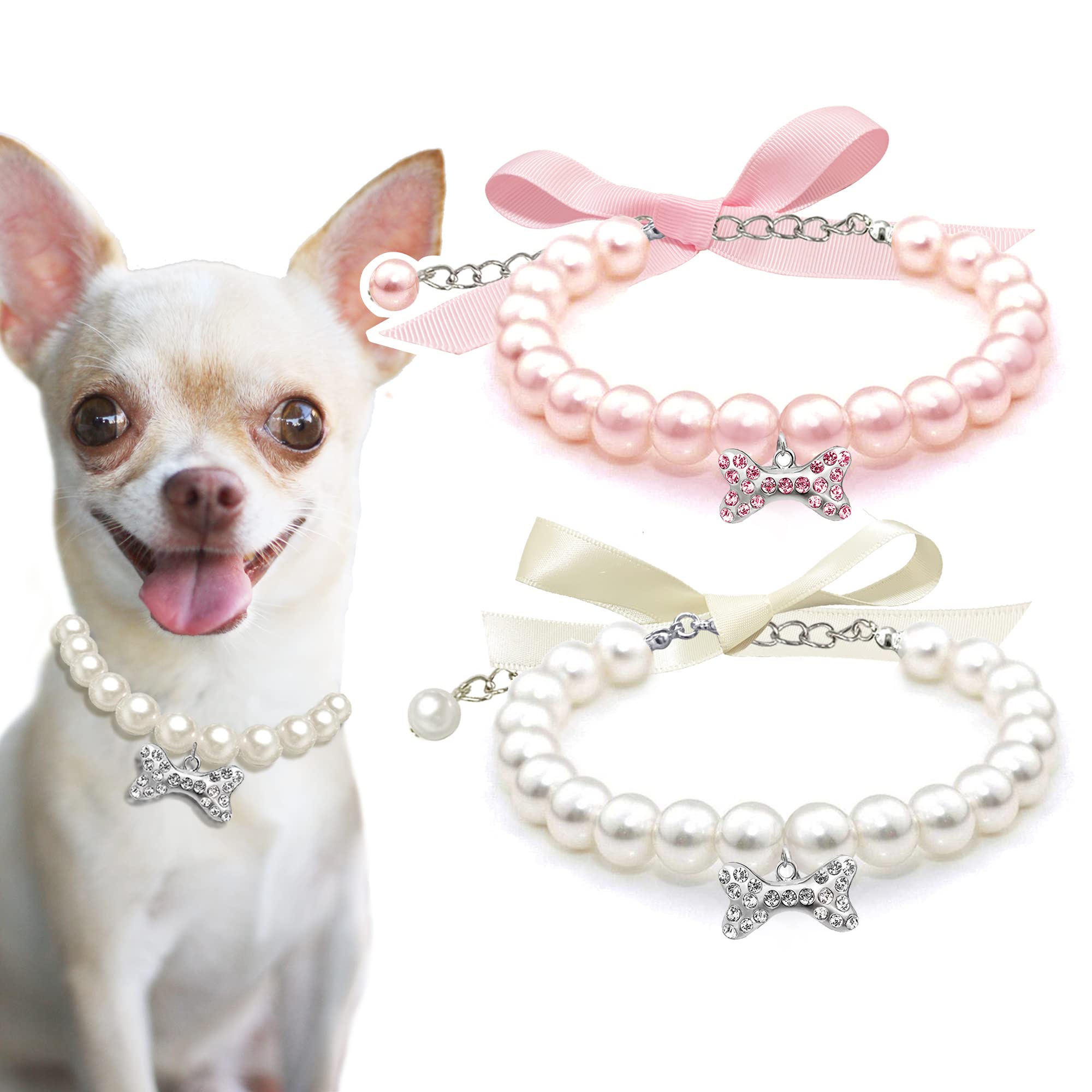 Casidoxi 2 Pcs Dog Cat Pearl Collar Necklace With Rhinestone Bone, Fancy Cat Wedding Collar Jewelry For Girl Cat Puppy Dogs Accessories(Pink+White)
