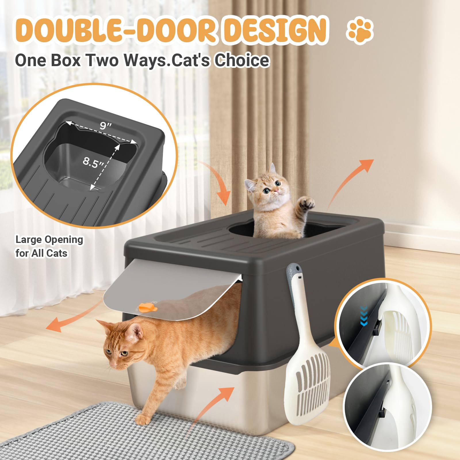 Stainless Steel Litter Box With Lid, Extra Large Cat Box With High Sides, Kitty Litter Pan Enclosure, Top Entry Cat Litter Box E