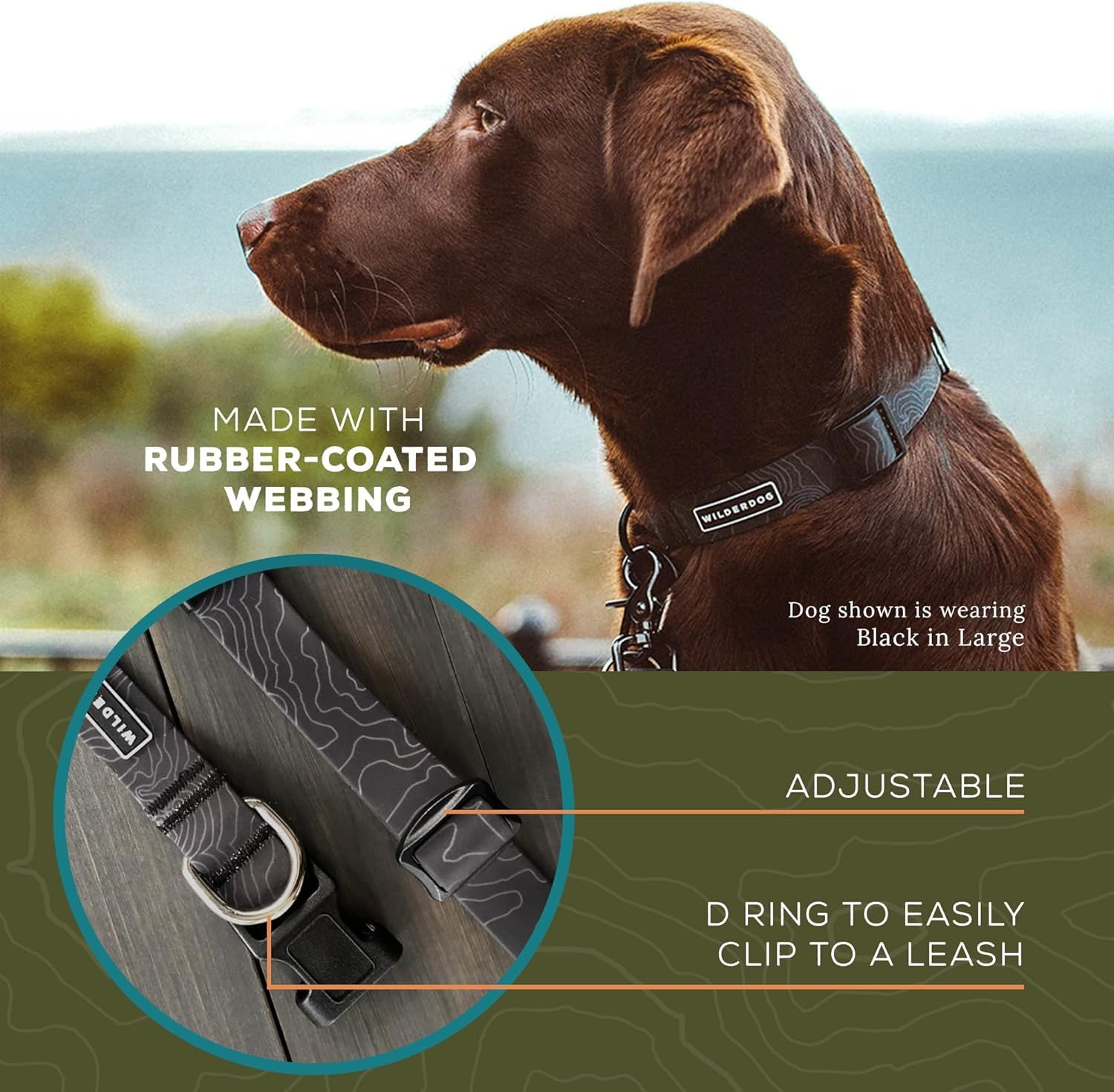 Wilderdog Waterproof Dog Collar - Repels Water & Dirt - Large 17''-24'' - Black