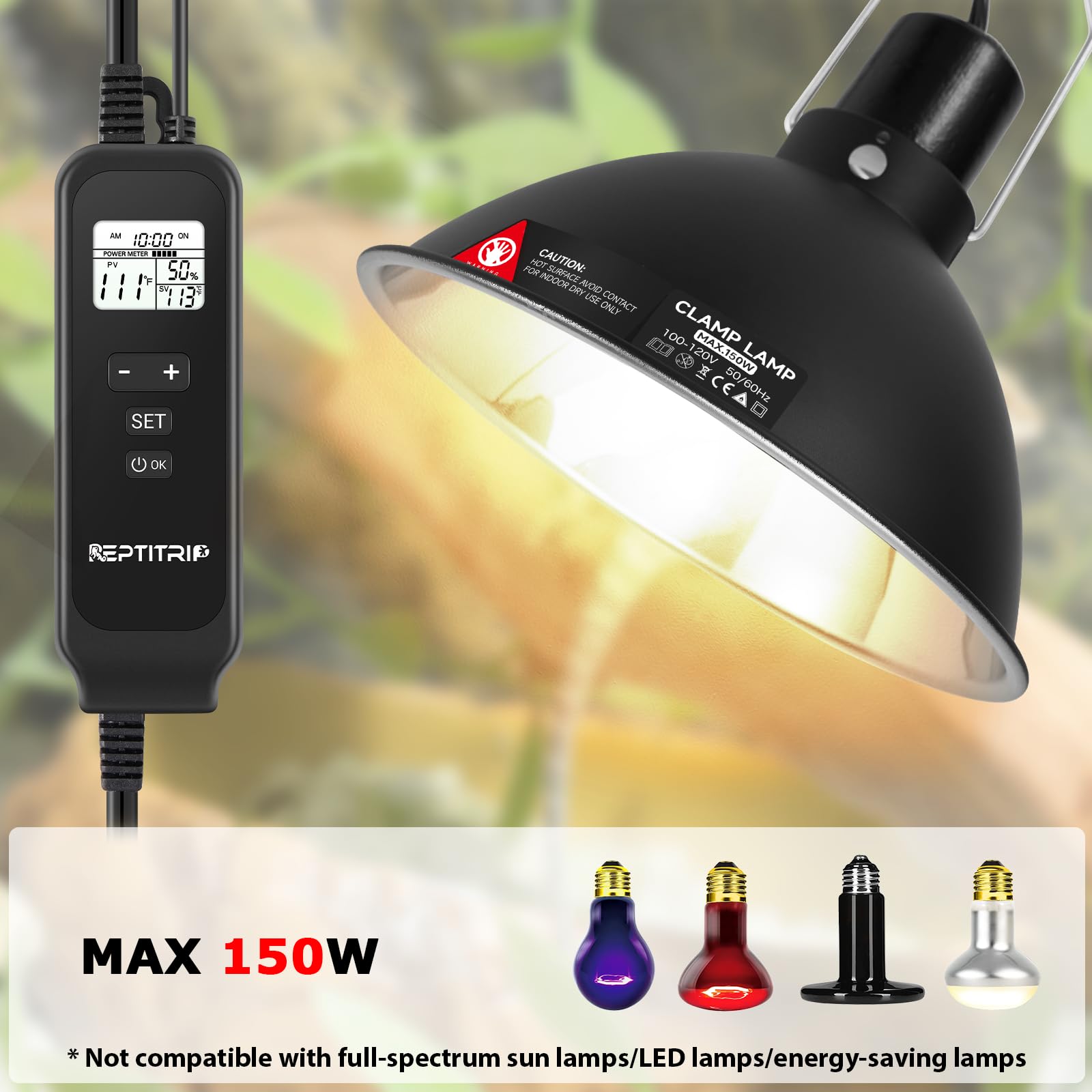 Reptitrip 8.5-Inch Day/Night Thermostatic Reptile Light Fixture - Heat Lamp Temperature Controller (Max 150W) For Bearded Dragon