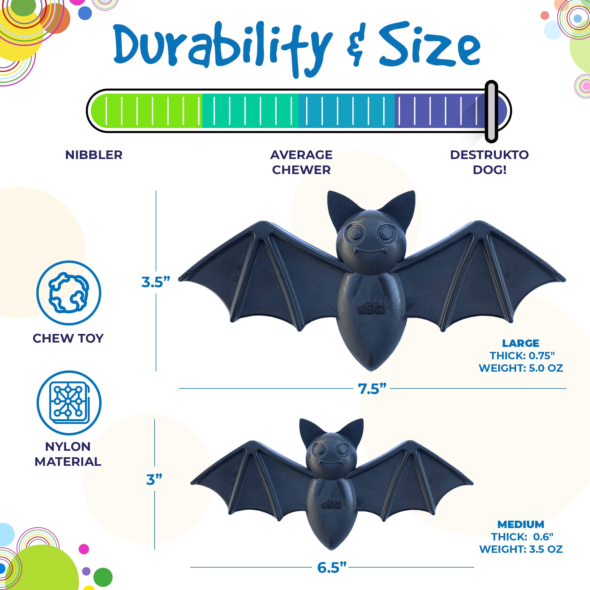 SodaPup Vampire Bat - Durable Dog Chew Toy Made in USA from Non-Toxic, Pet Safe, Food Safe Nylon Material for Mental Stimulation