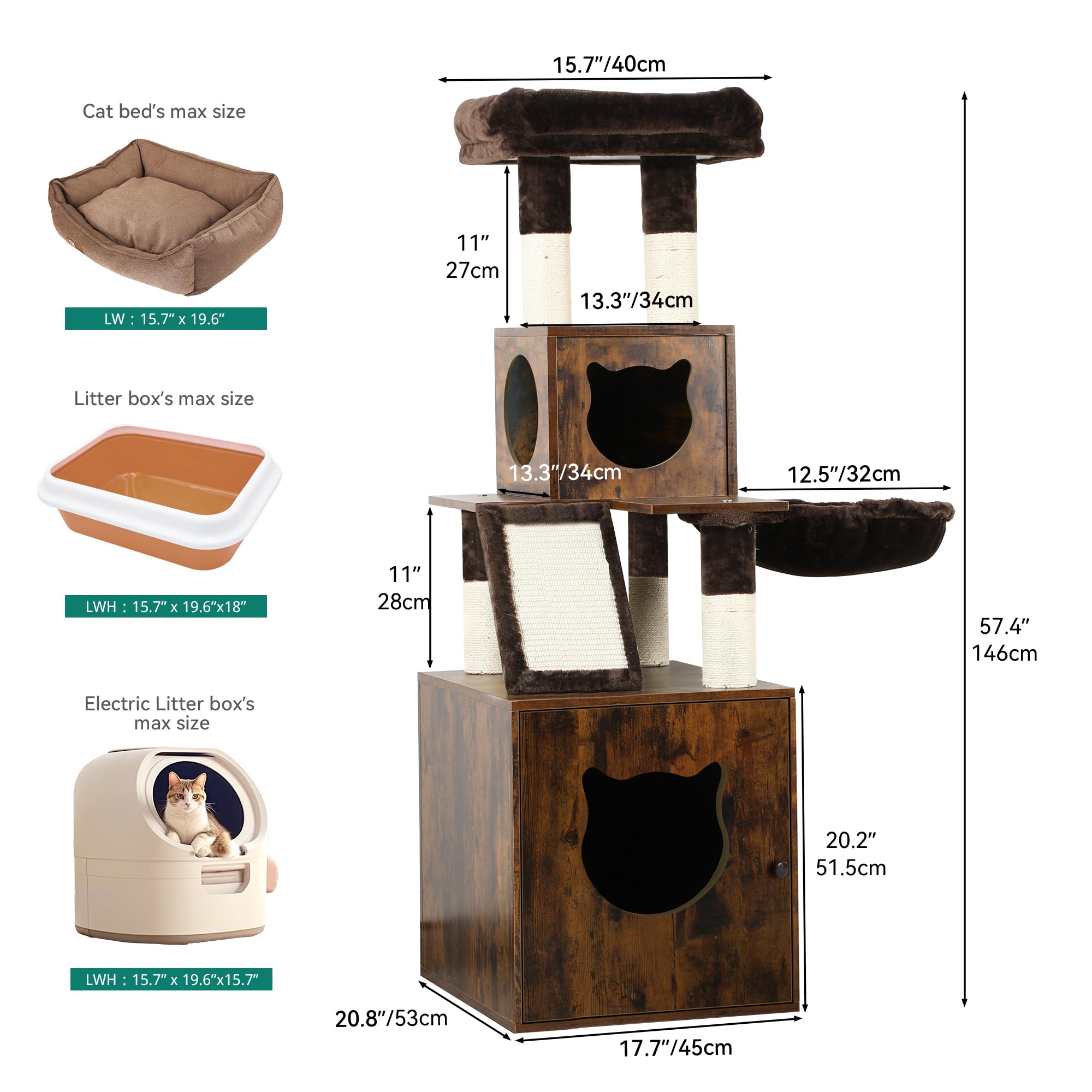 YITAHOME Modern Cat Tree with Litter Box Enclosure, Combo Endtable and Large Cat Tower with Basket, 4-in-1 Litter Box Furniture