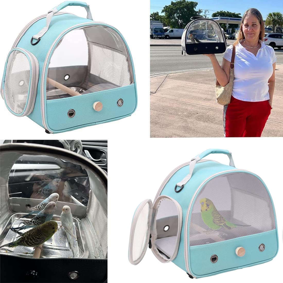 Bird Travel Cage, Portable Small Bird Parrot Parakeet Carrier with Standing Perch (NO Metal Tray), Side Access Window Collapsibl
