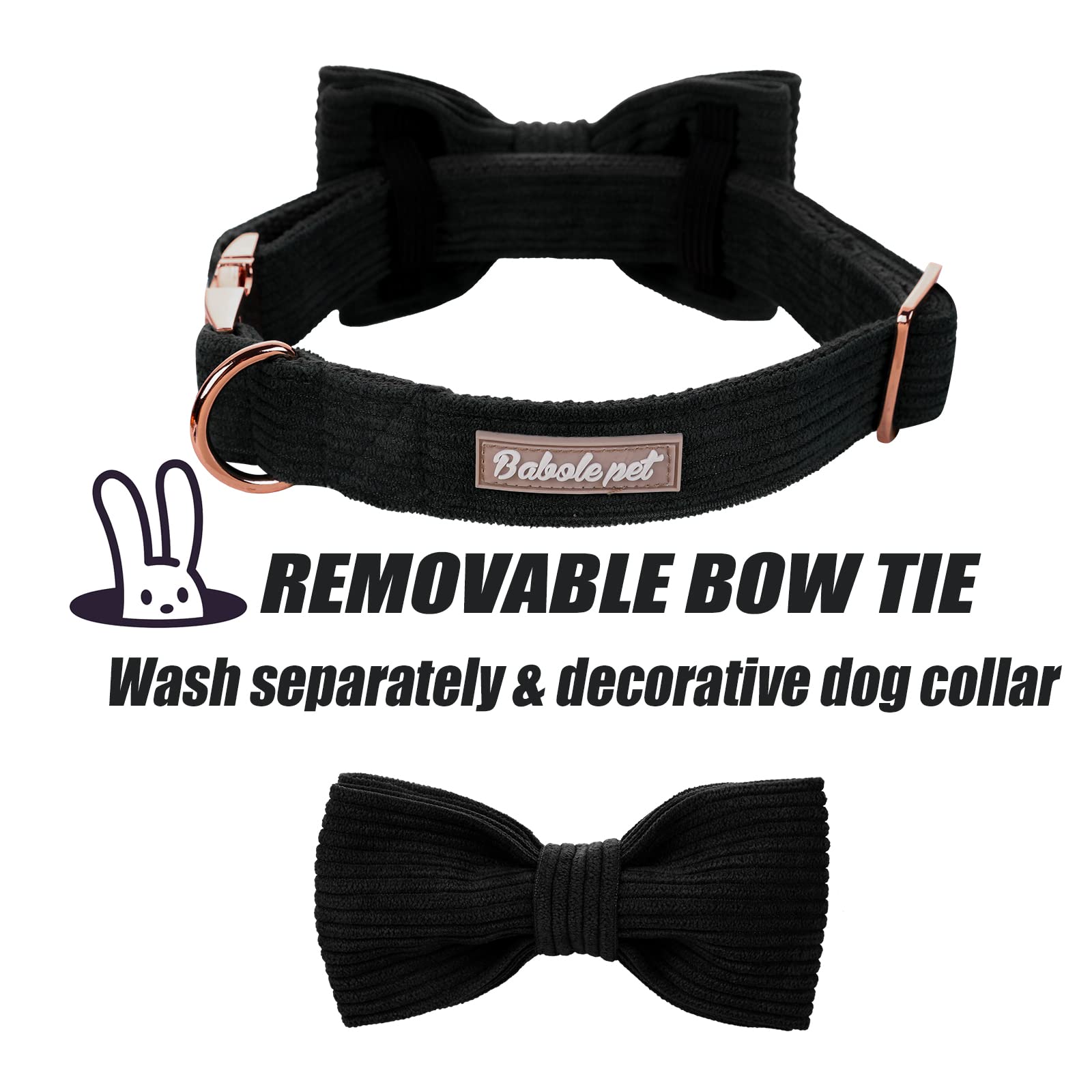 Babole Pet Black Dog Collars for Large Dog,Cute Corduroy Dog Collar with Bow Tie Safety Metal Buckle Adjustable Puppy Collars fo