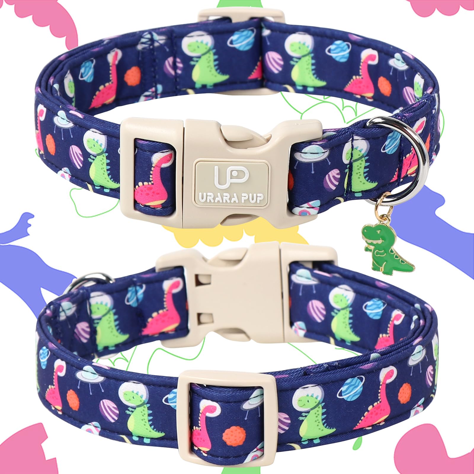 Up Urara Pup Summer Dog Collar-Dinosaur Dog Collars With Planet-Cute Blue Summer Pet Dollar-Soft, Adjustable & Stylish For Small