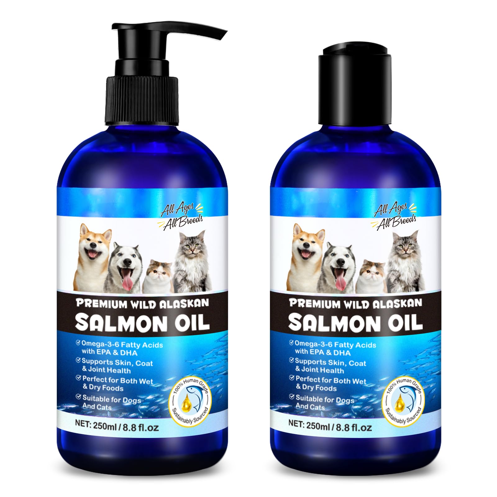 2PCS Alaskan Salmon Oil for Dogs & Cats - Pure Omega 3 Fish Oil with Omega 6 Fatty Acids, EPA & DHA - Anti-Inflammation for Dogs