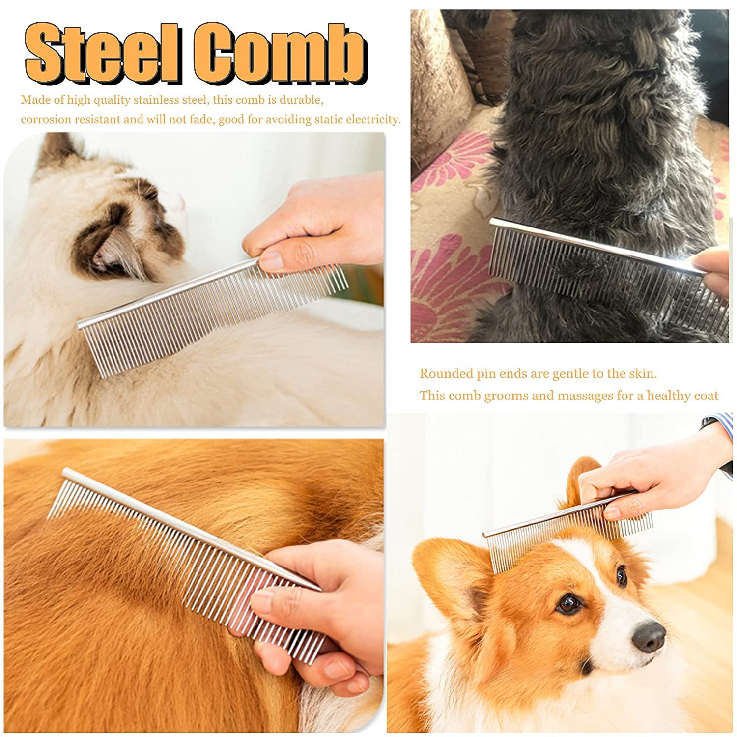 Dog Rake For Undercoat, Pet Grooming Set Long-Tooth Metal Brush & Stainless Steel Shedding Comb For Big Dogs Long-Haired Cats Ho