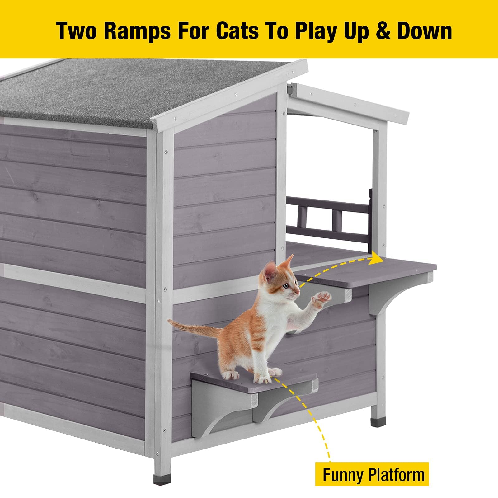Aivituvin Outdoor Feral Cat House Wooden Kitty Shelter With Large Balcony,Escape Door,Waterproof