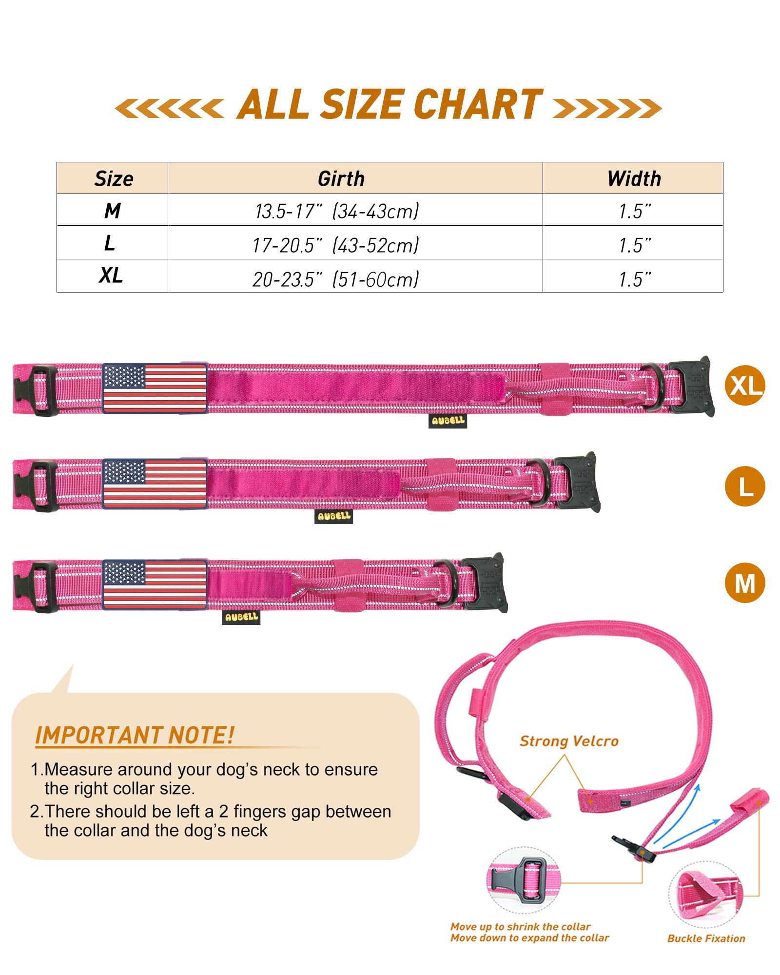 Aubell Reflective Dog Collar, Tactical Dog Collar Adjustable Military Nylon Collars With Handle And Heavy Duty Metal Buckle For Medium Large Dogs, With 2 Patches And Airtag Case Holder (Hotpink, Xl)