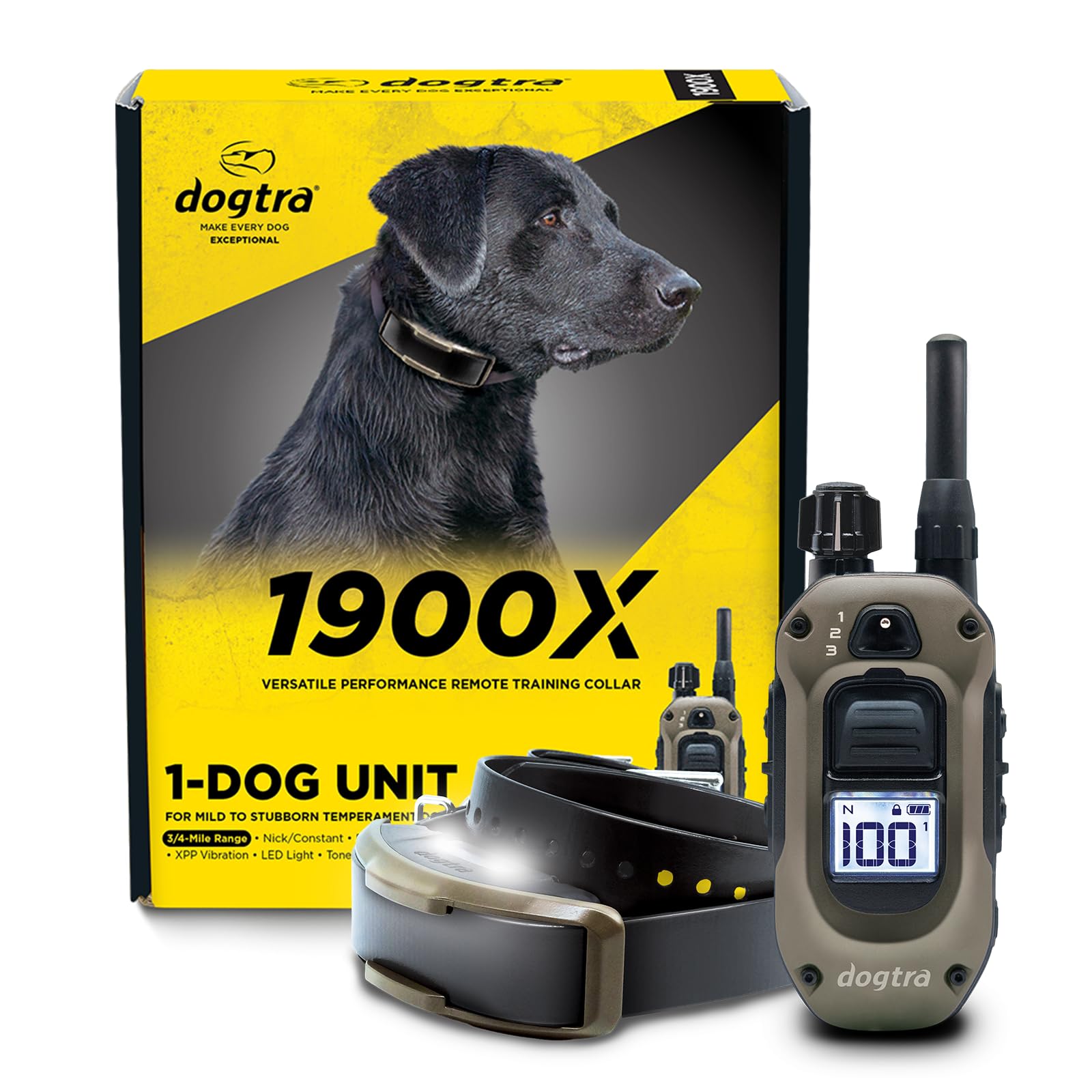 Dogtra 1900X E-Collar for Dog Training - 3/4 Mile Range, for Dogs 35 lbs+, IPX9K Waterproof, 100 Stimulation Levels, Vibration, 