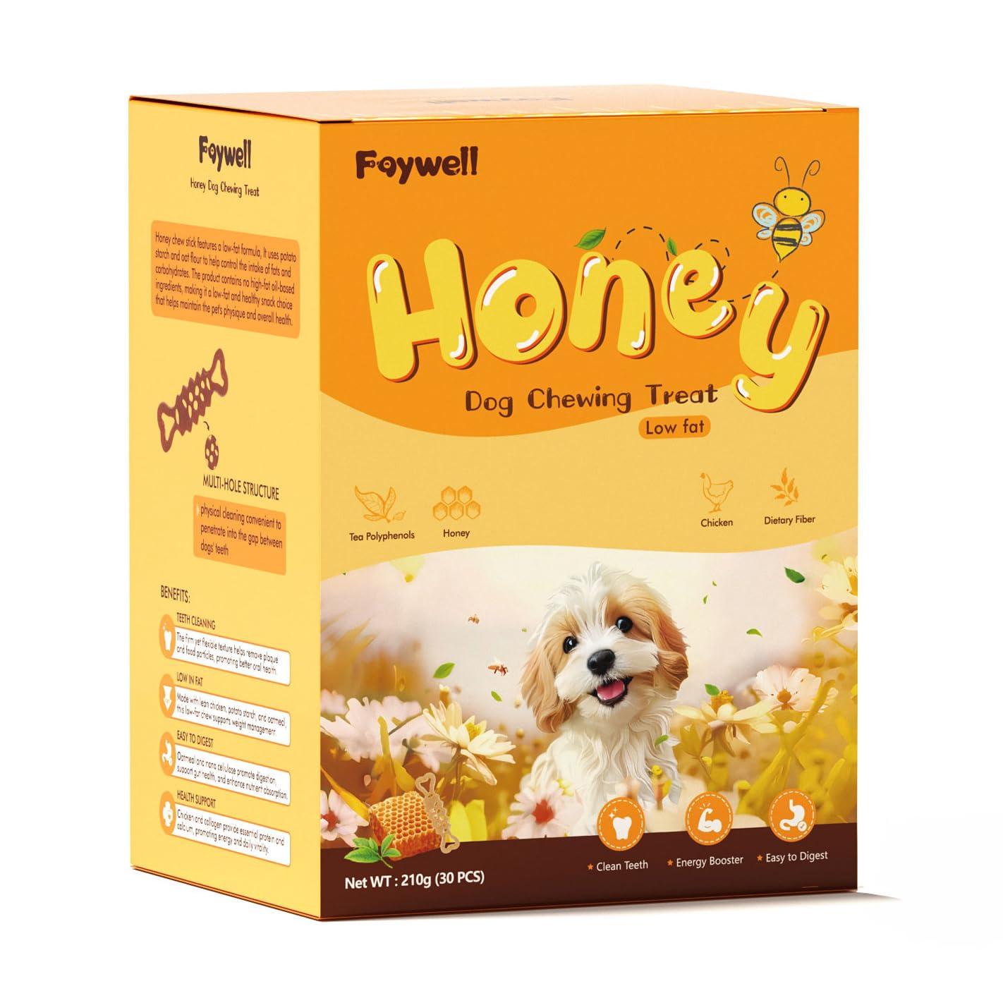 FAYWELL - Honey Dog Chewing Treat with Tea Polyphenols and Dietary Fiber, Chicken & Honey Taste, Low-Fat Protein, 30pcs/210g (30