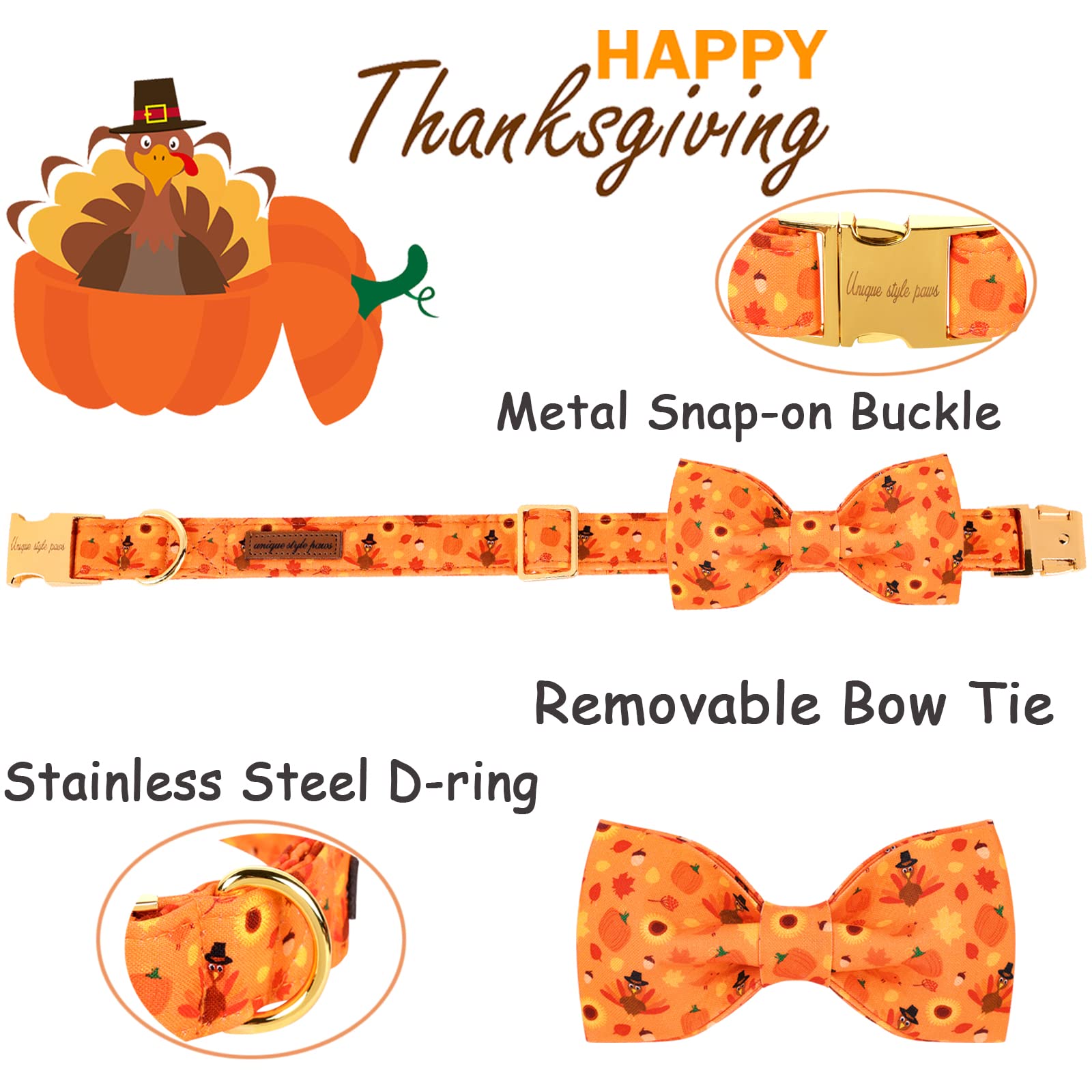 Unique Style Paws Halloween& Dog Collar With Bow Tie Pumpkin Cotton Collar Adjustable Puppy Collar Best Thanksgiving Gift For Small Medium Large Dogs-Turkey & Pumpkin Theme-Xl