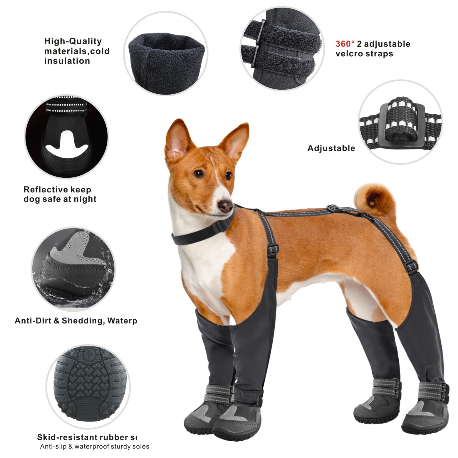 Idepet Dog Suspender Boots, Tall Dog Boots Anti-Slip & Fall Waterproof Shoes Leggings, Adjustable Suspender Boots for Dogs Winte