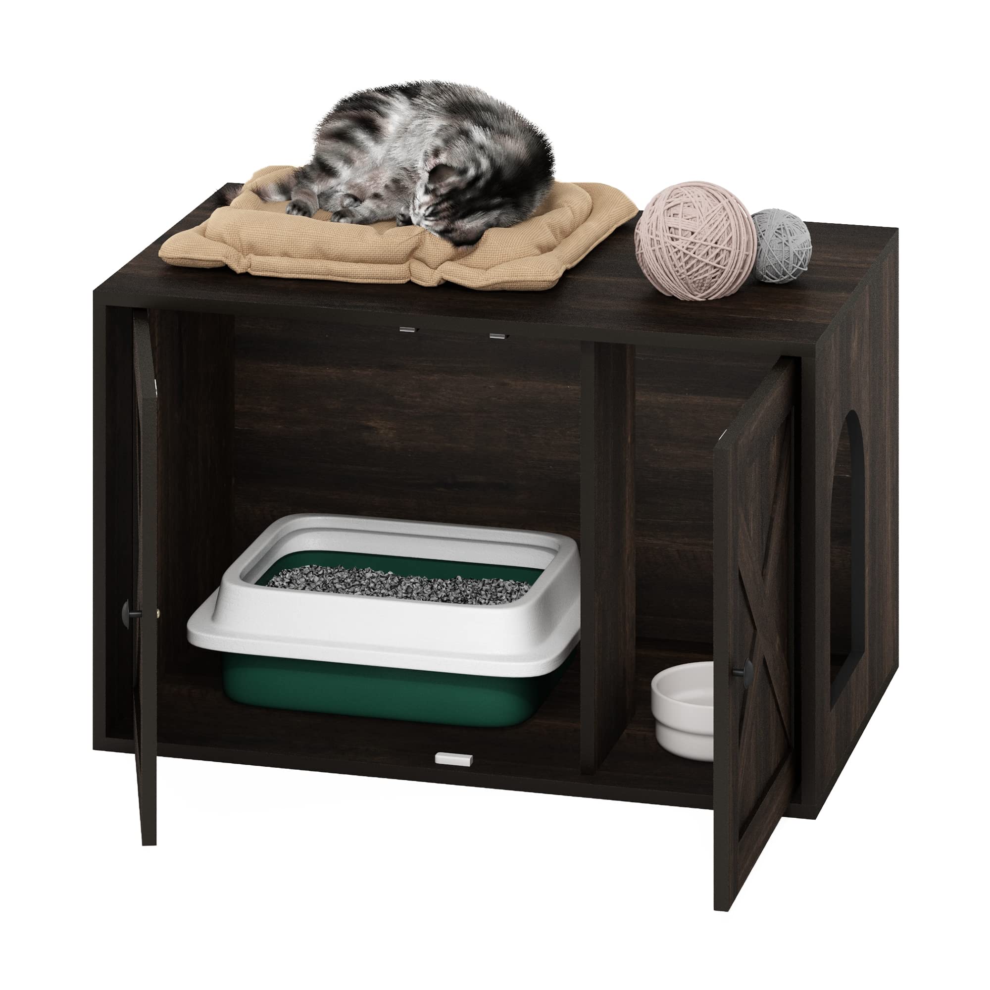 Furinno Peli Farmhouse Cat Litter Box Enclosure, Ebony