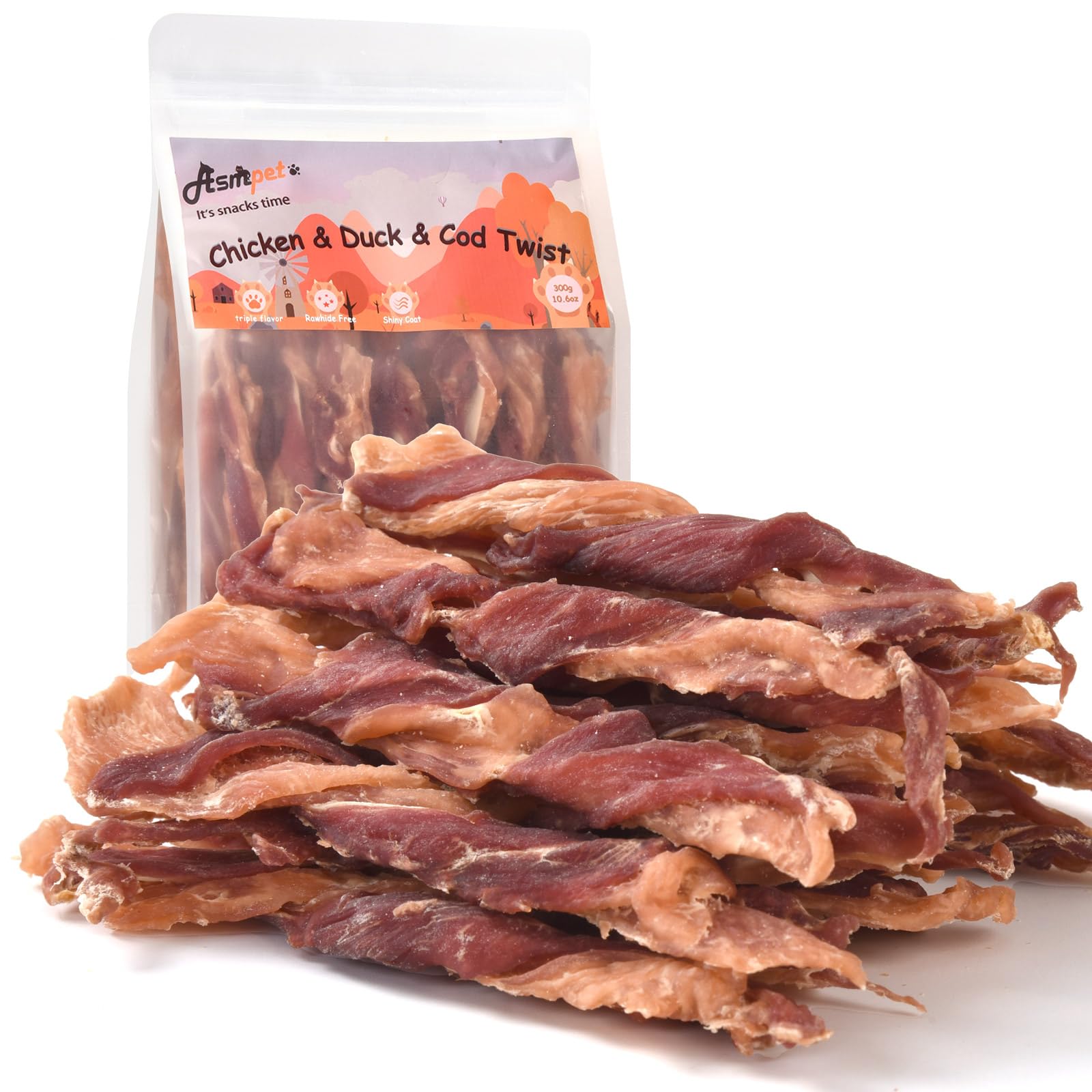 ASMPET Dog Jerky Treats, Triple Flavor Chicken Duck Cod Jerky Twist Sticks Rawhide Free Grain Free for Small Medium Large Dogs 1