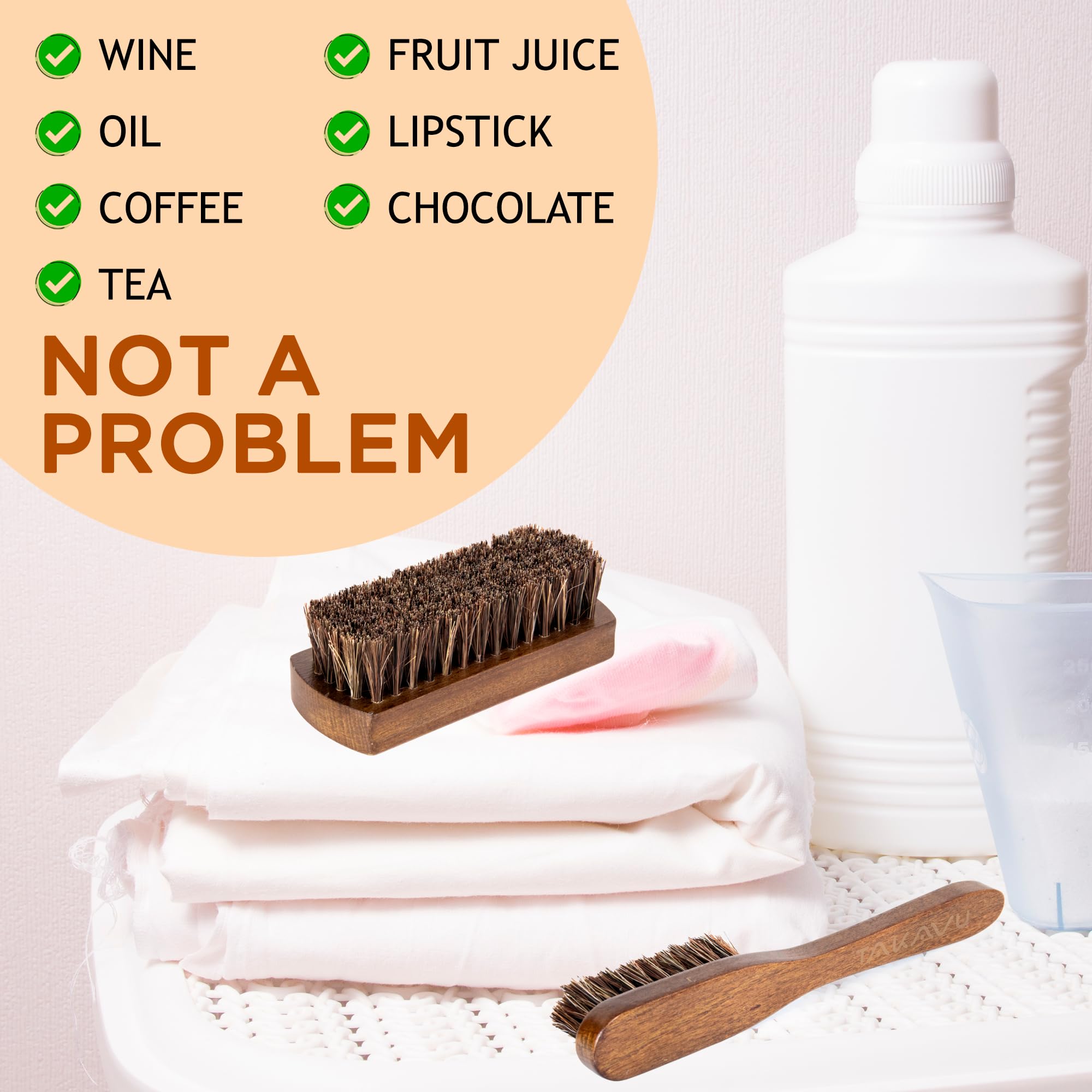 Horsehair Laundry Stain Brushes Set 2Pcs By Takavu, Natural Soft Bristle For Scrubbing Out Tough Stains On Delicate Fabrics Knit